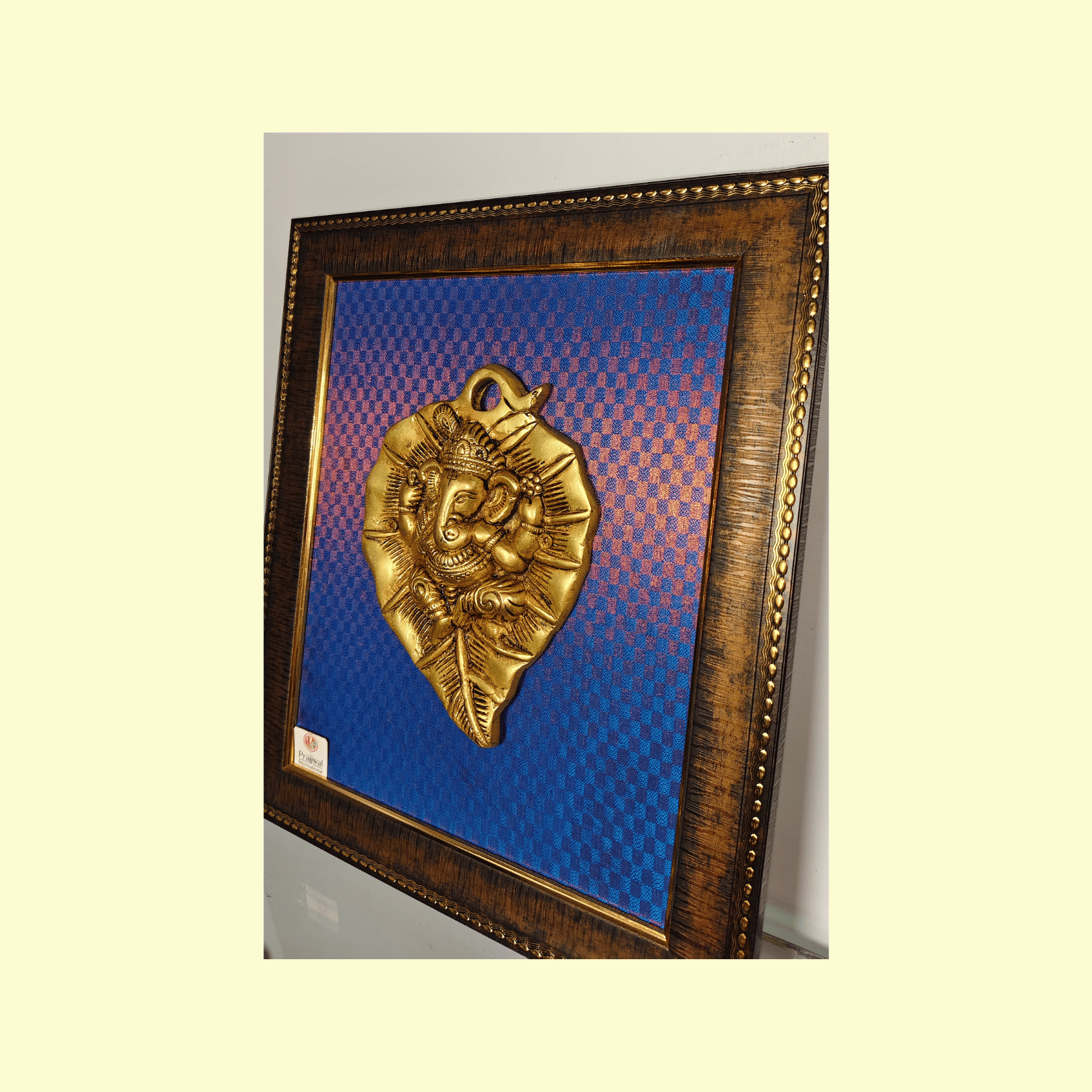 Brass Ganesha on Pan Leaf Wall Hanging Frame – 12x15 Inch | Handcrafted Brass Idol on Wooden Frame