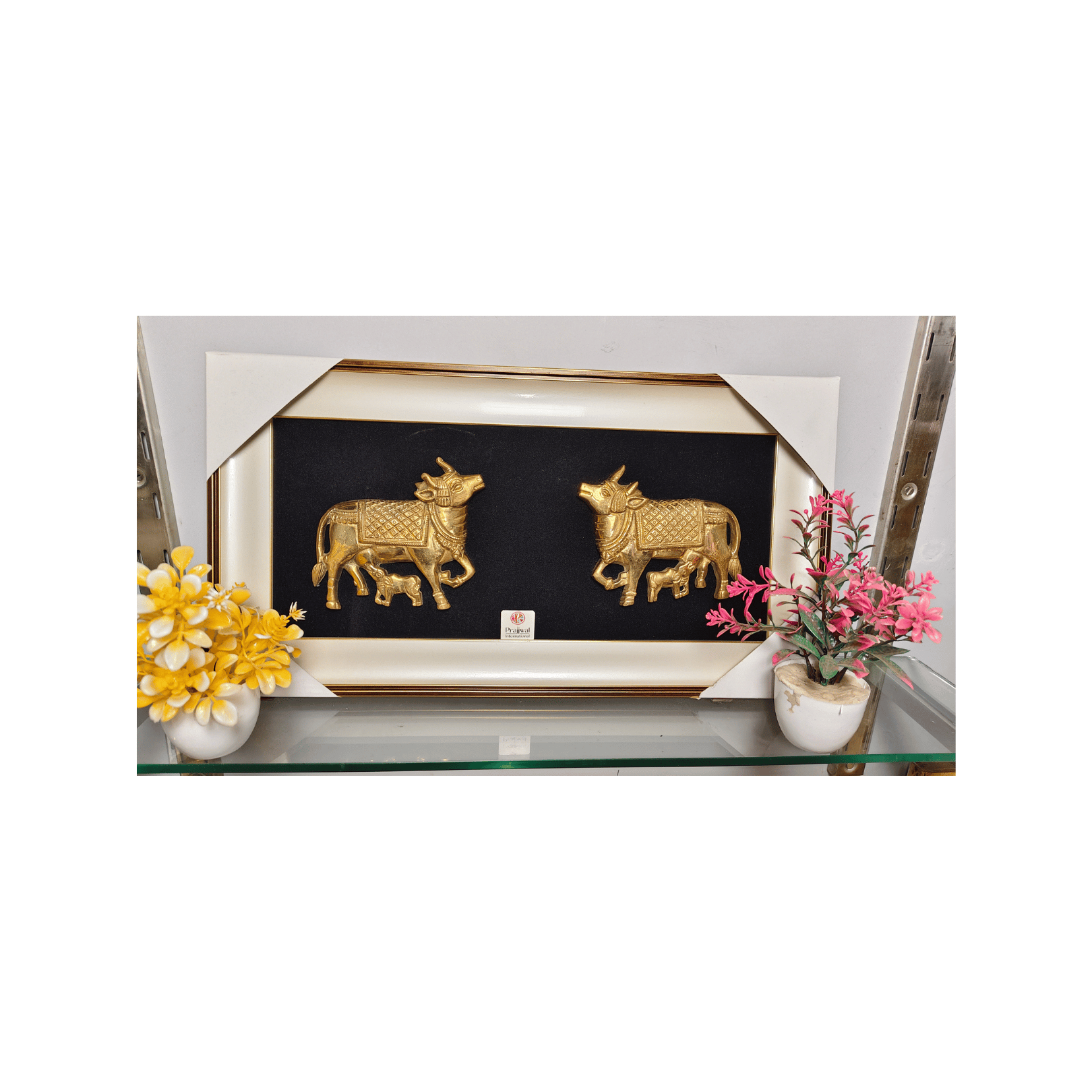 Brass Kamdhenu Cow and Calf Wall Hanging Frame – 20x11 Inch | Handcrafted Brass Idol on Wooden Frame