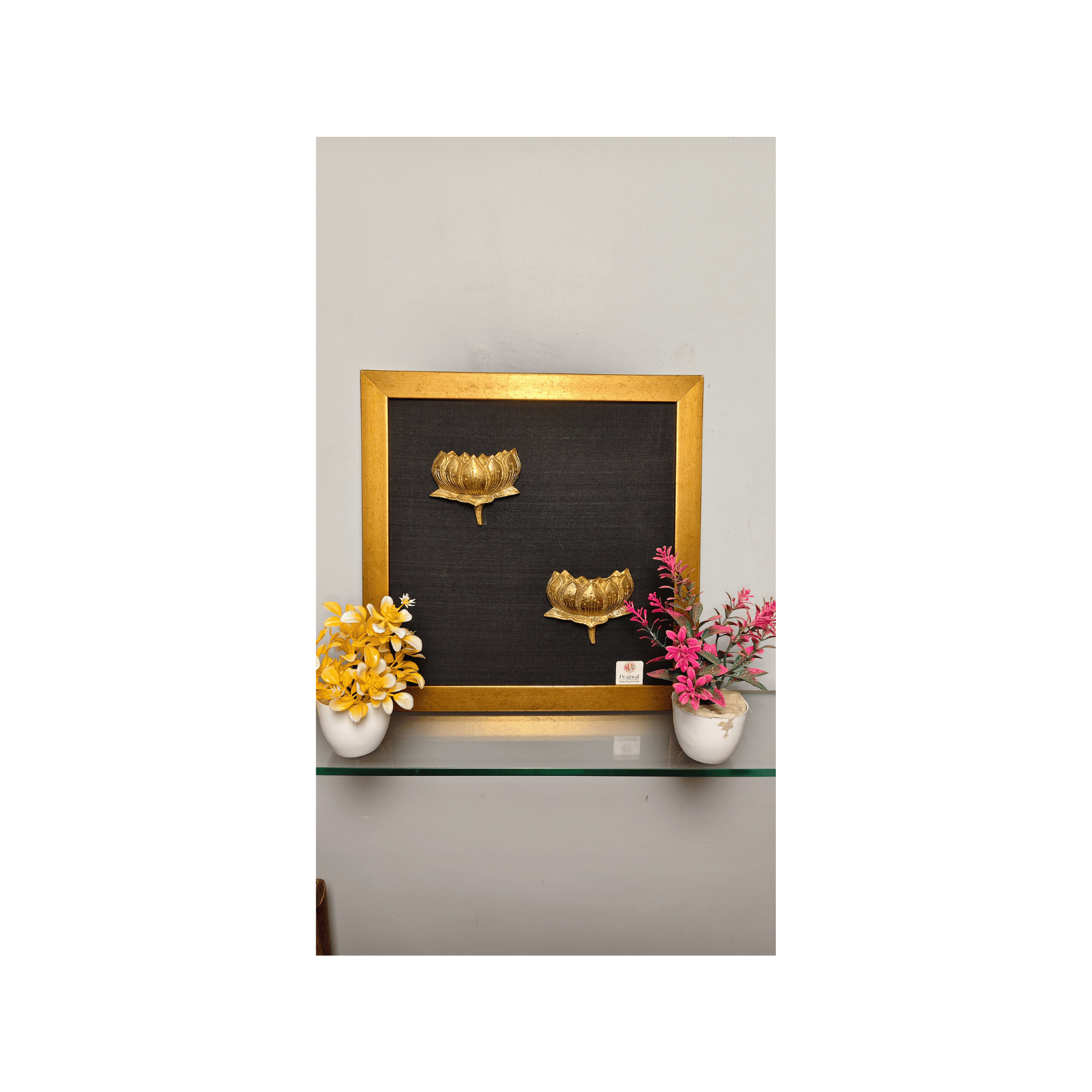 Brass Lotus Wall Hanging Frame – 14x14 Inch | Handcrafted Brass Lotus Idol on Wooden Frame