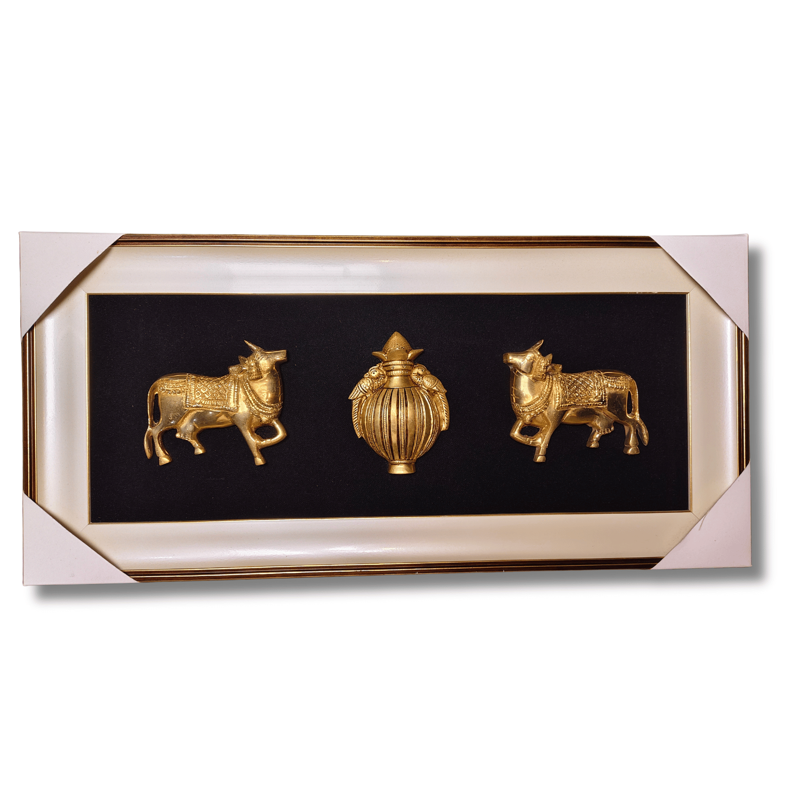 Brass Kamdhenu Cow Wall Hanging Frame – 23x11 Inch | Handcrafted Brass Idol on Wooden Frame
