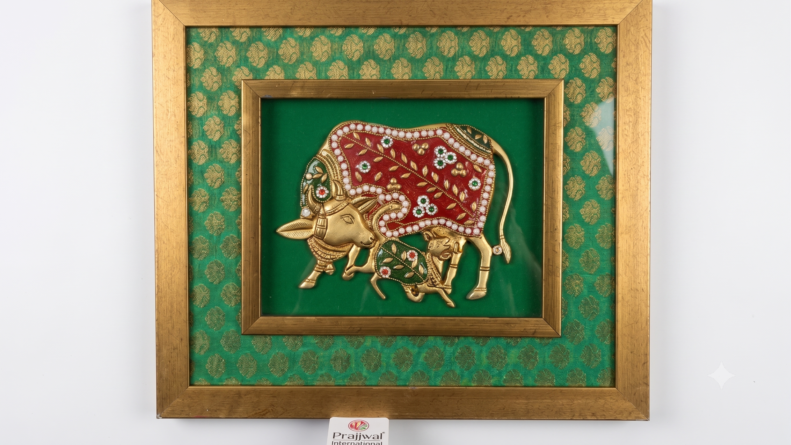 Premium Handcrafted Kamdhenu Cow & Calf Brass Wall Art Frame