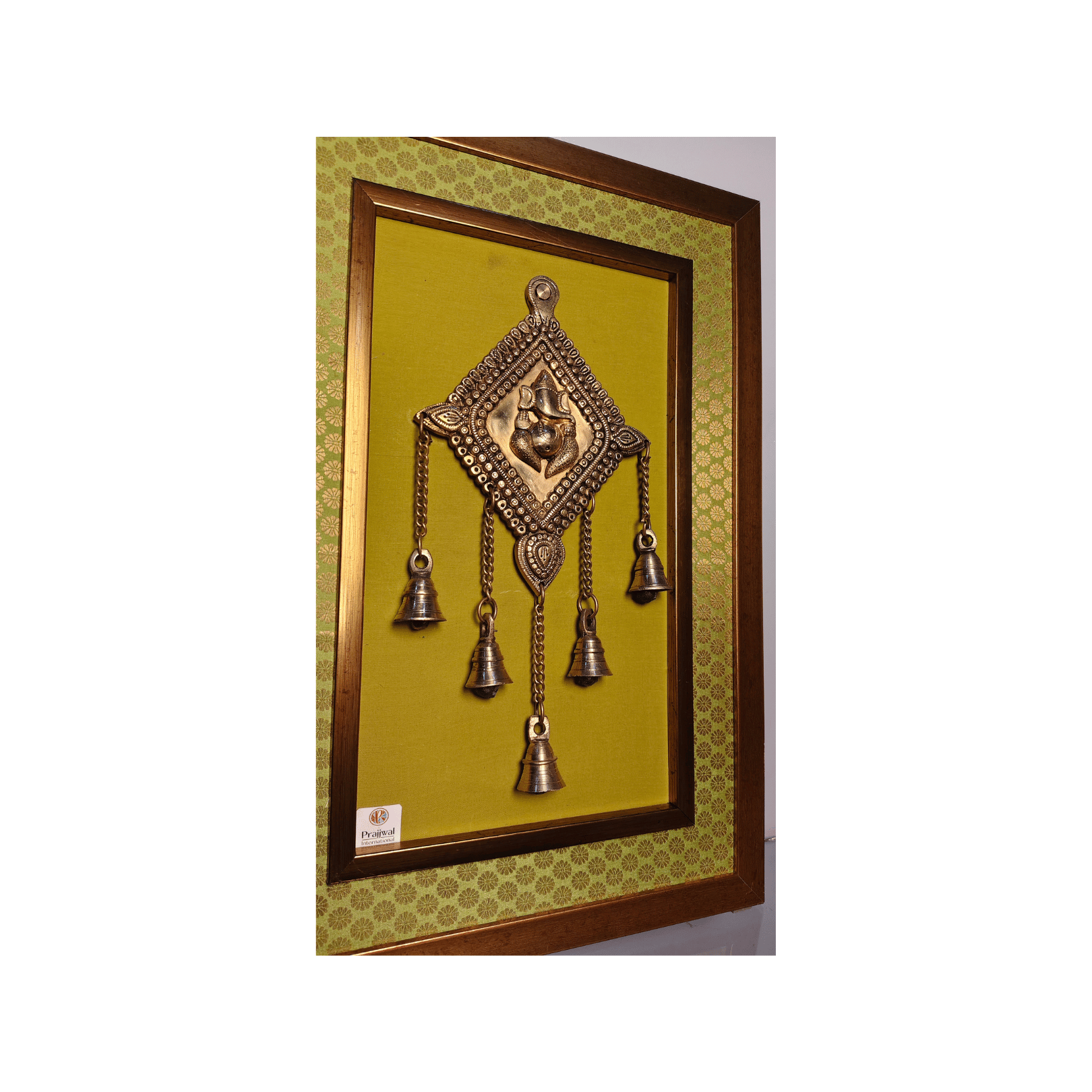 Brass Ganesha Wall Hanging Frame with Bell – 14x20 Inch | Handcrafted Brass Idol on Wooden Frame
