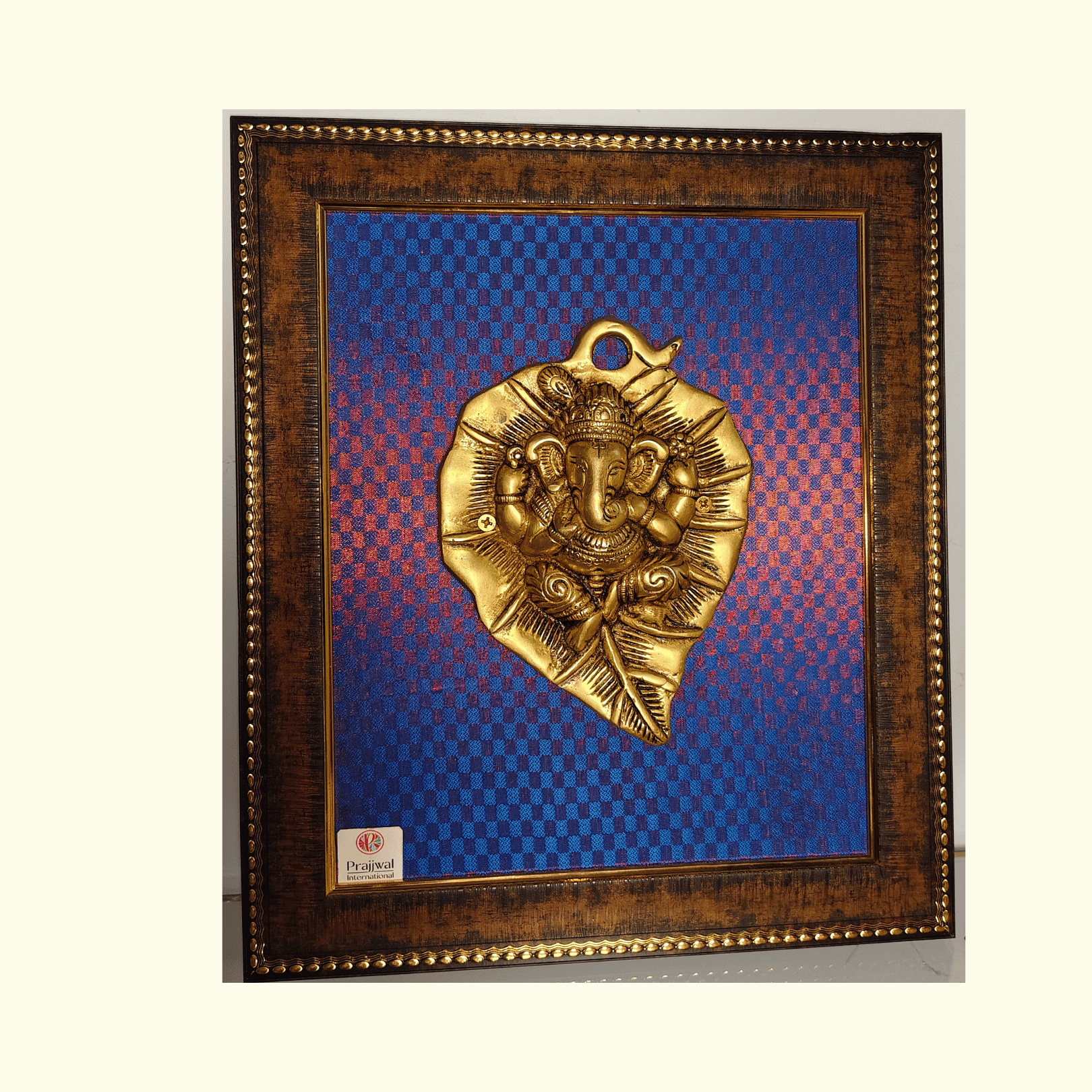 Brass Ganesha on Pan Leaf Wall Hanging Frame – 12x15 Inch | Handcrafted Brass Idol on Wooden Frame