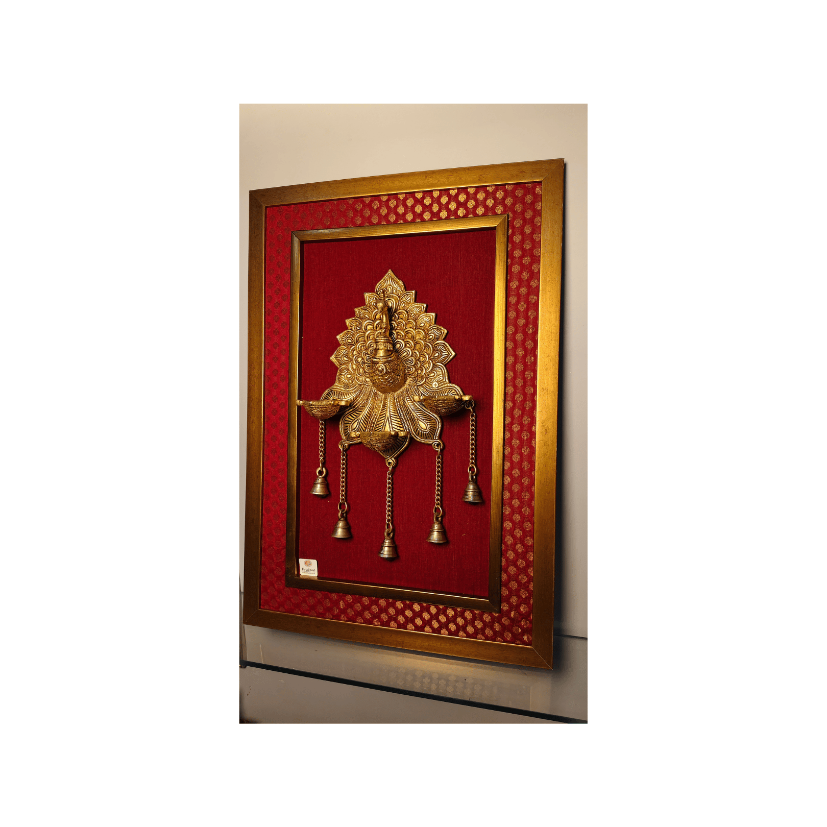 Brass Peacock Diya Holder Wall Hanging Frame – 26x18 Inch | Handcrafted Brass & Wooden Décor