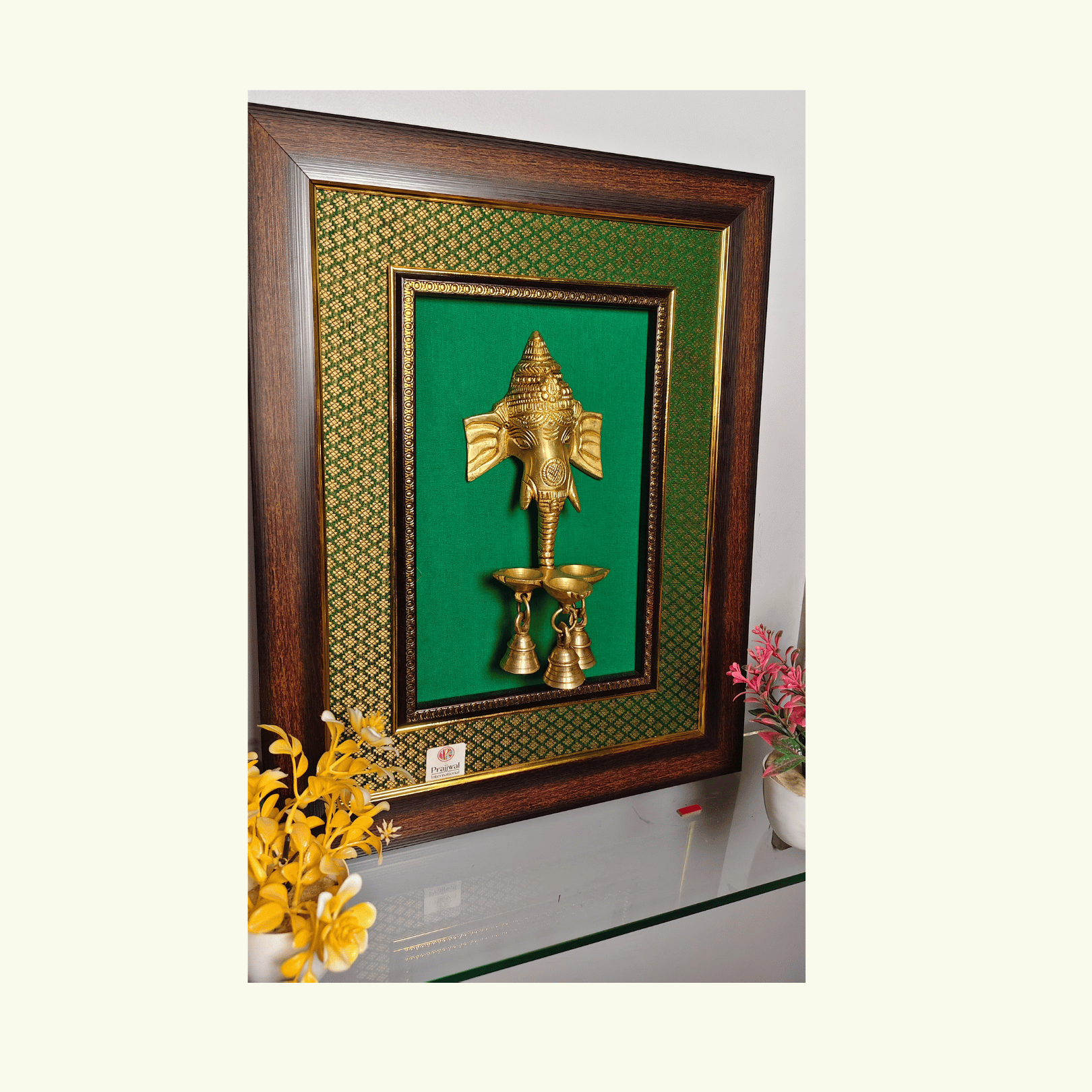 Brass Ganesha Wall Hanging with Bells – 18.5x14.5 Inch | Handcrafted Brass Idol on Wooden Frame