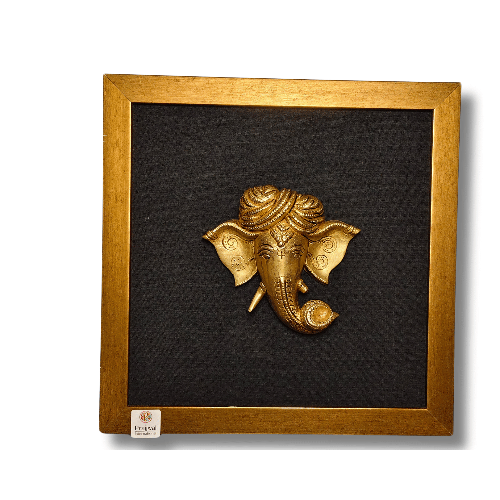 Brass Turban Ganesha Face Wall Hanging Frame – 14x14 Inch | Handcrafted Brass Idol on Wooden Frame