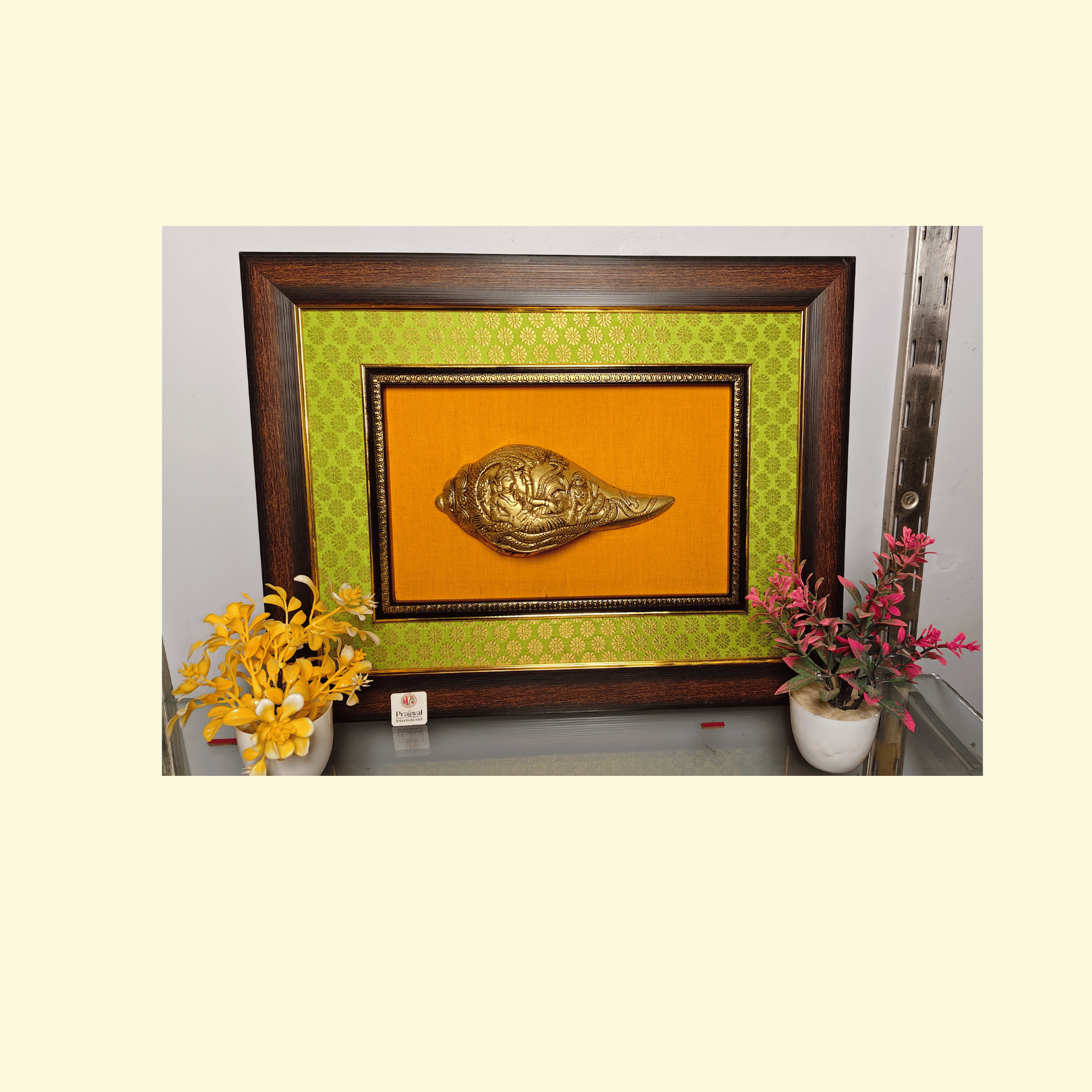 Brass Vishnu & Lakshmi Shankh Wall Hanging Frame – 14x18 Inch | Handcrafted Brass on Wooden Frame