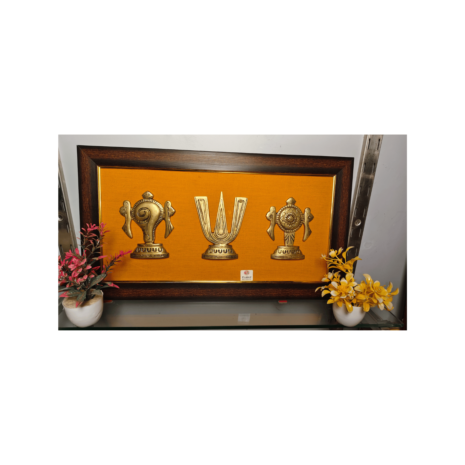 Tirupati Brass Shankh Chakra Namam Wall Hanging Frame – 12x22 Inch | Handcrafted Brass on Wooden Frame