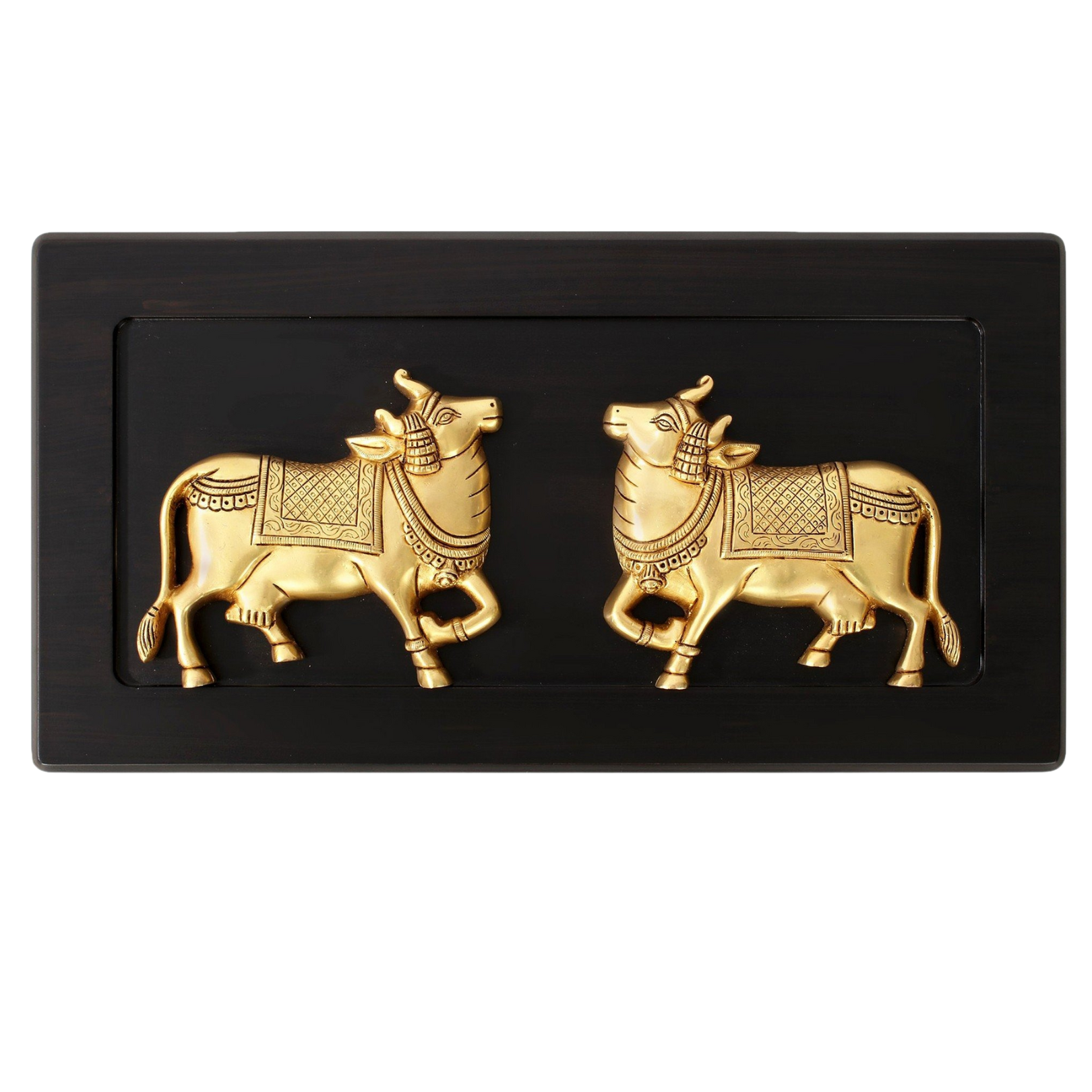 Divine Brass Nandi Pair on Wooden Frame | Sacred Wall Hanging Décor