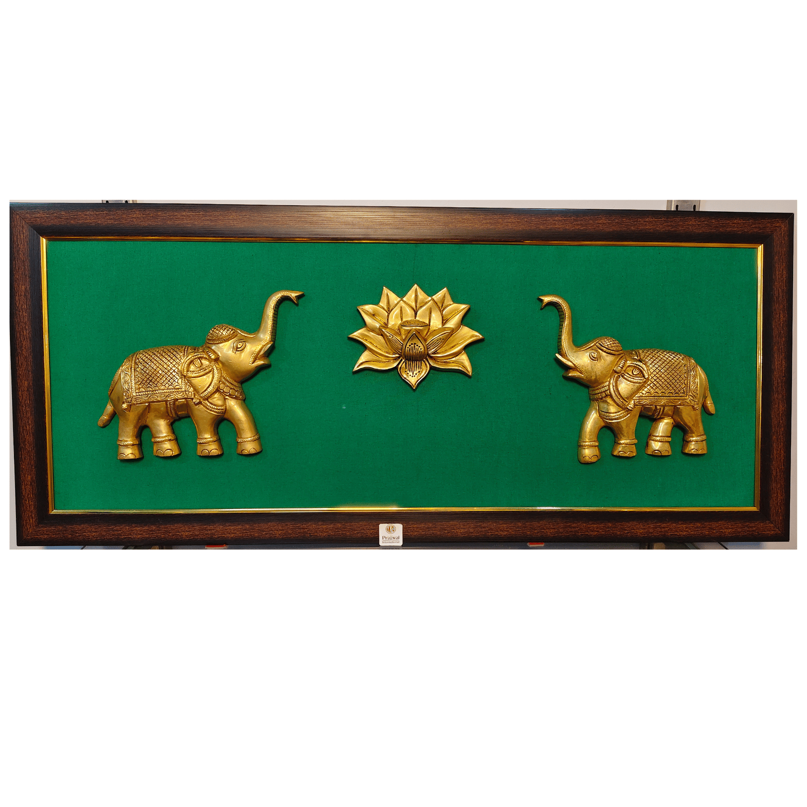 Brass Elephant with Lotus Wall Hanging Frame – 36x16 Inch | Handcrafted Brass Decorative Art on Wooden Frame