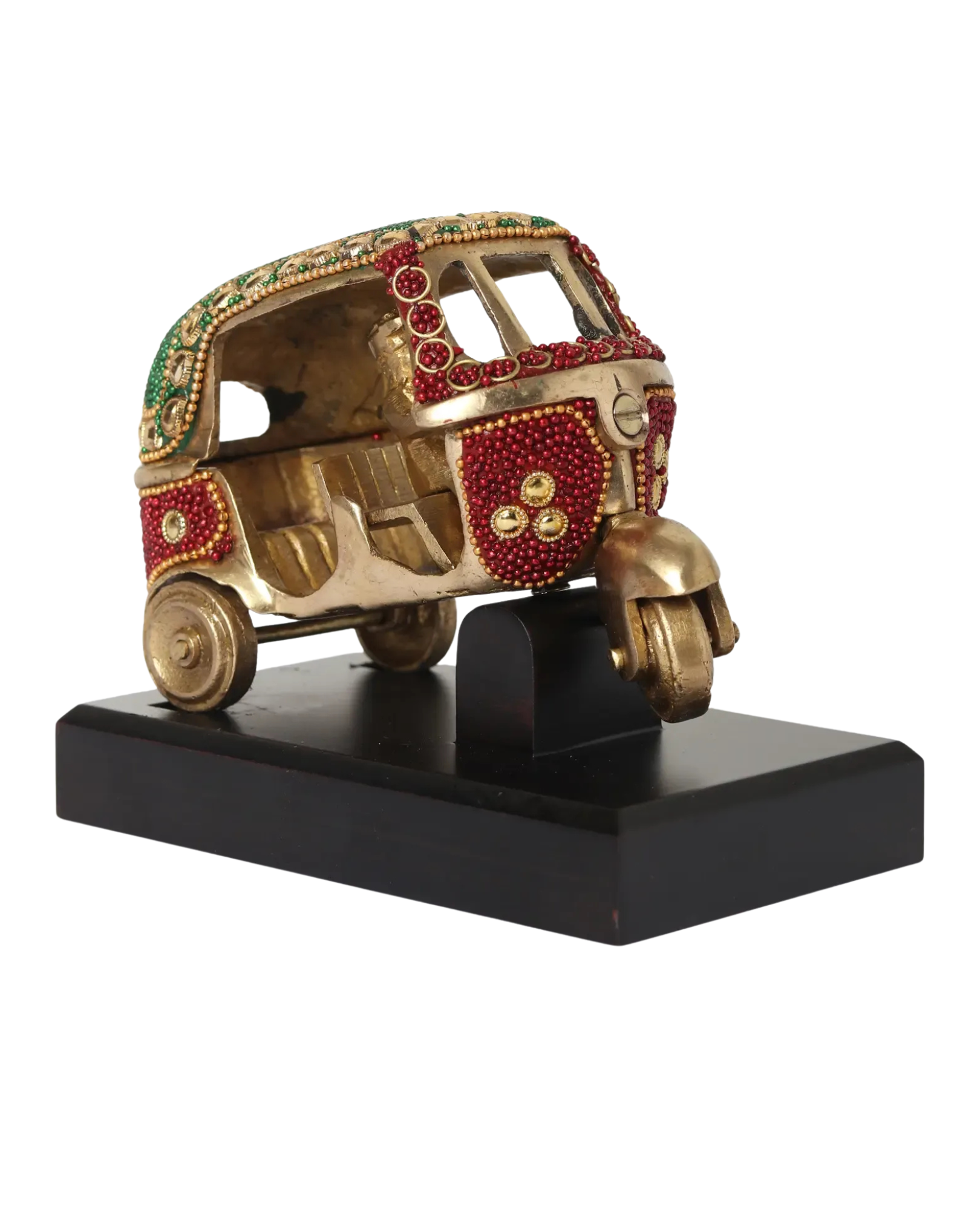 5" Brass Auto Rickshaw with Inlay Work and Wooden Detailing | Handcrafted Decorative Showpiece | Vintage Indian Tuk-Tuk Table Décor Gift Item