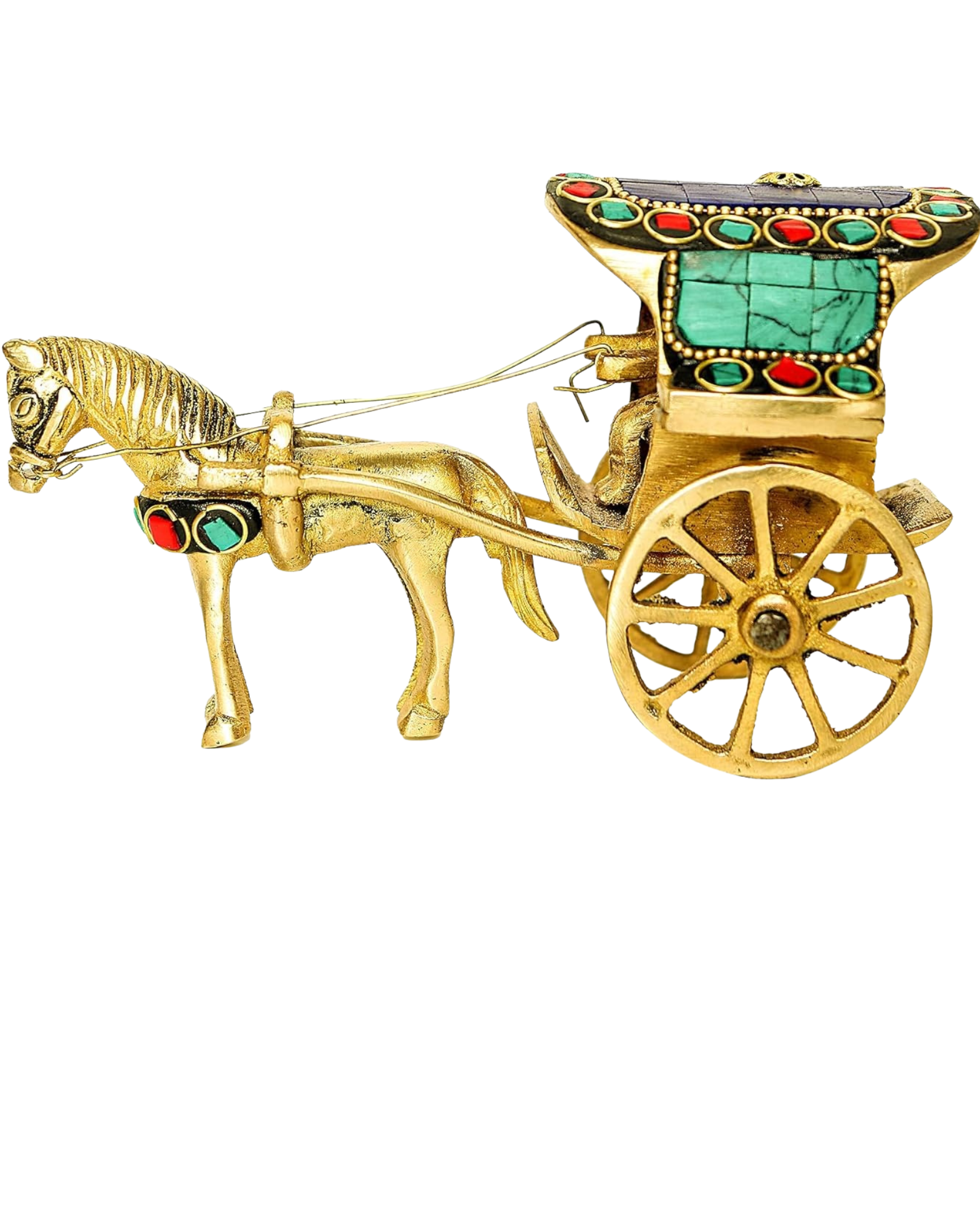 Brass Horse Cart Showpiece with Multicolour Stone Work | Handcrafted Decorative Statue for Home & Office Decor | Ideal Gift Item (Size: 5 x 2.5 x 3 Inch)