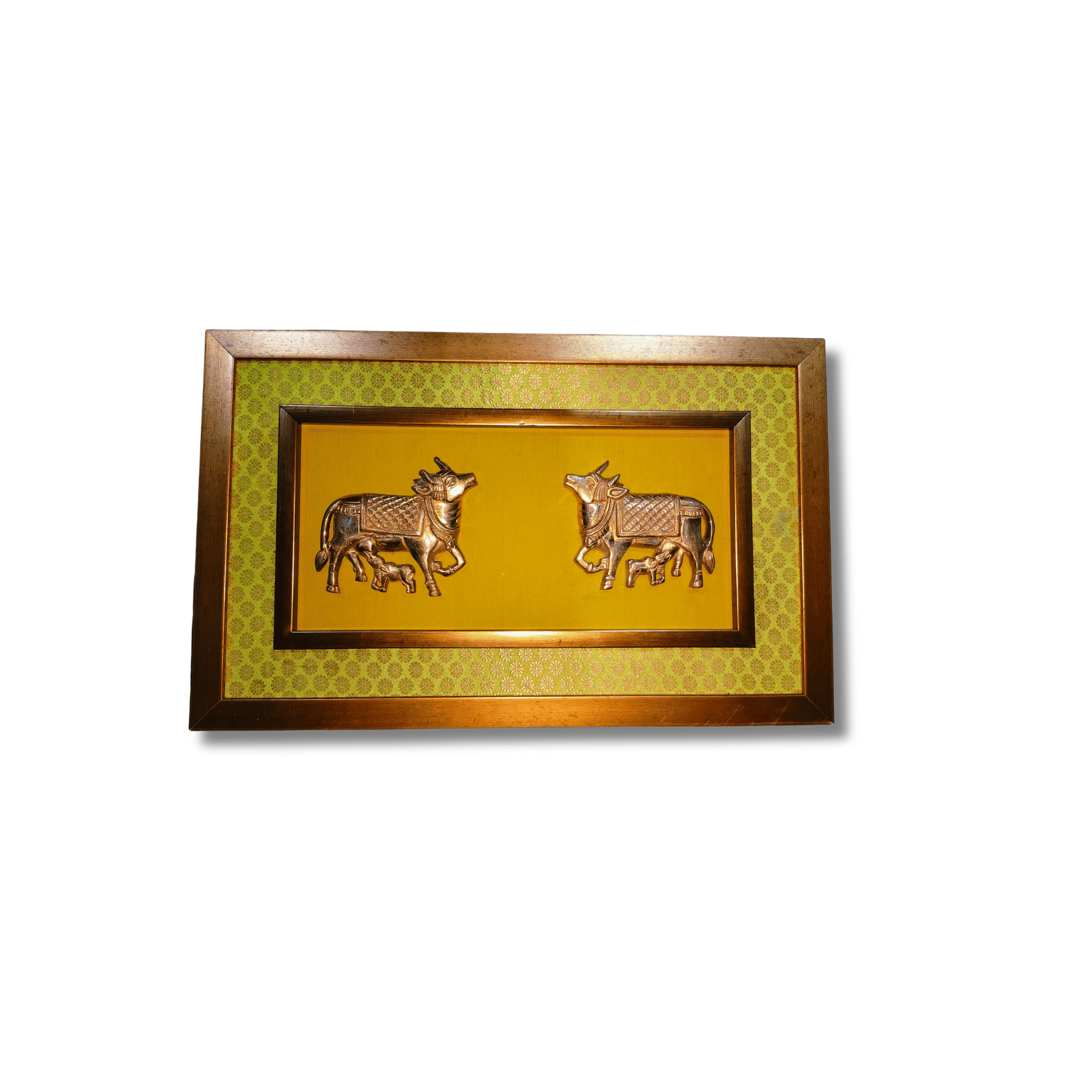 Brass Kamdhenu Cow and Calf Wall Hanging Frame – 14x16 Inch | Handcrafted Spiritual Wall Art