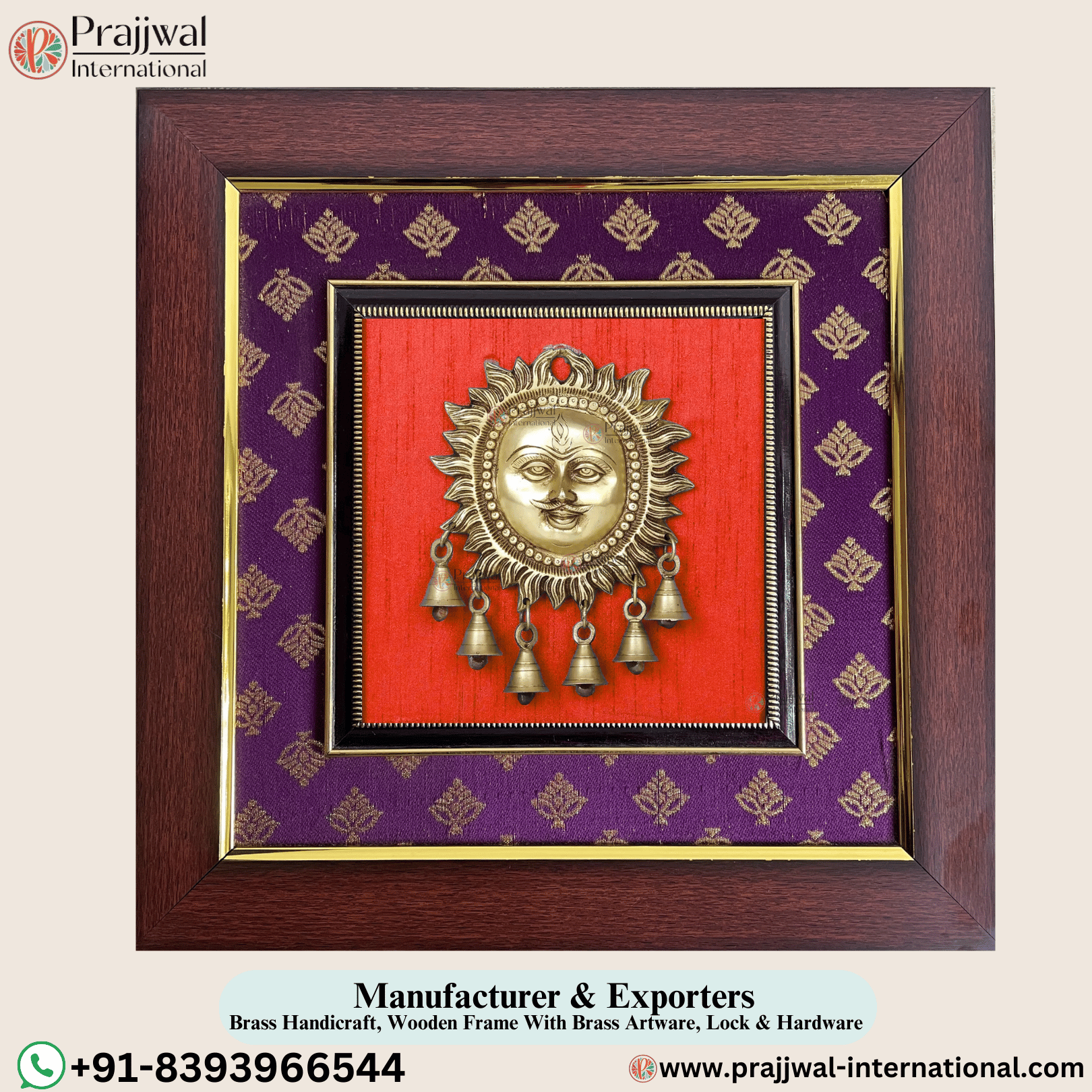 Lord Surya with Dangling Bells in Brass | Golden Black Antique Wall Hanging | Wood Framed Brass Sculpture