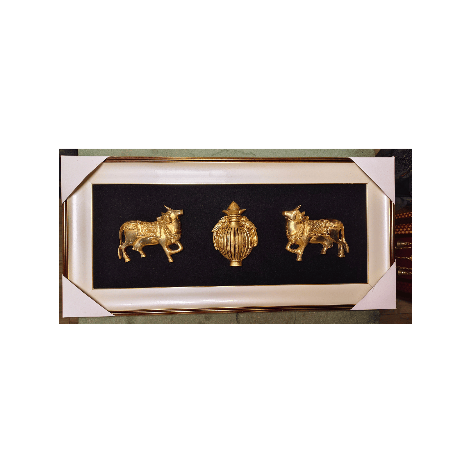 Brass Kamdhenu Cow Wall Hanging Frame – 23x11 Inch | Handcrafted Brass Idol on Wooden Frame