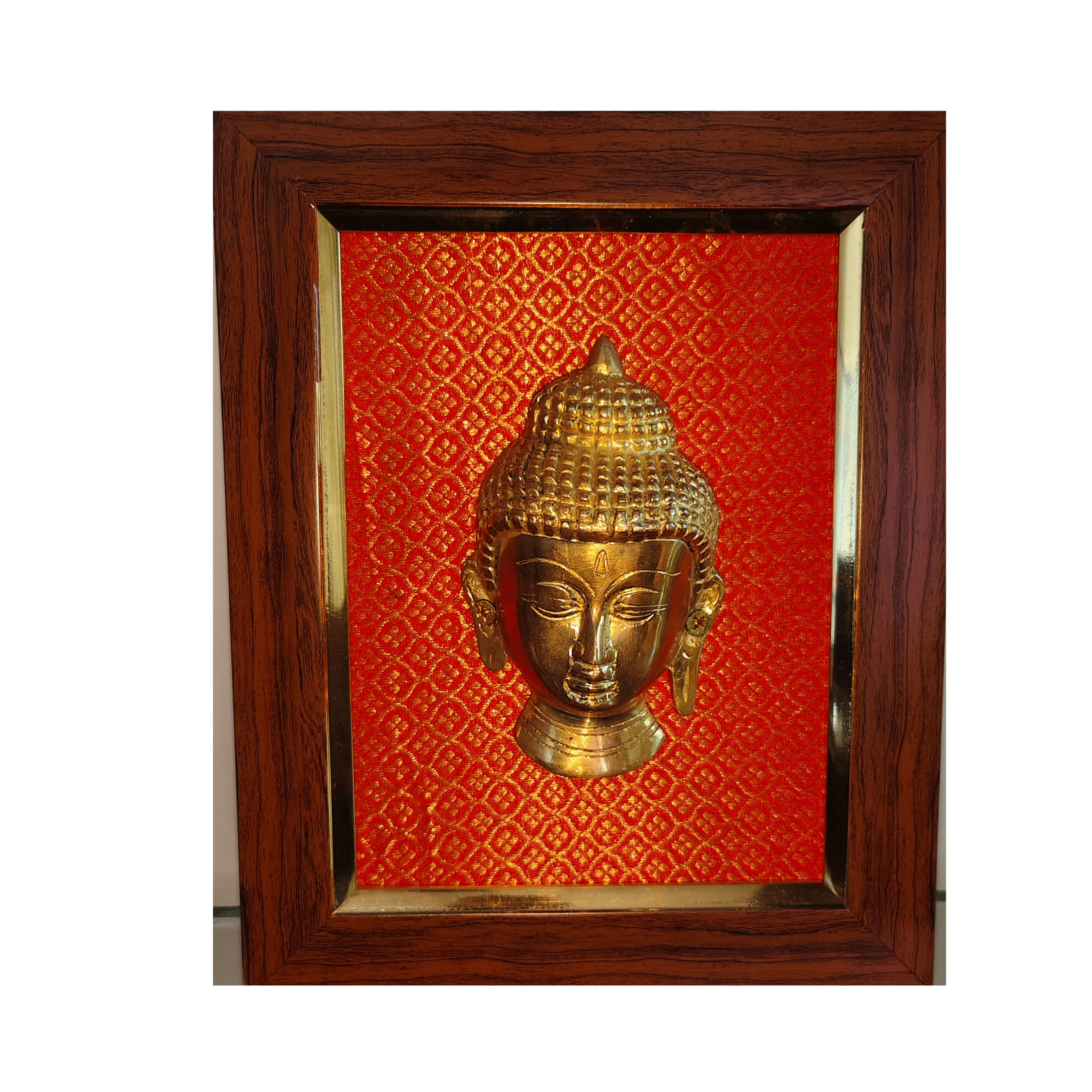 Brass Buddha Face Wall Hanging Frame – 10x8 Inch | Handcrafted Brass Art on Wooden Frame