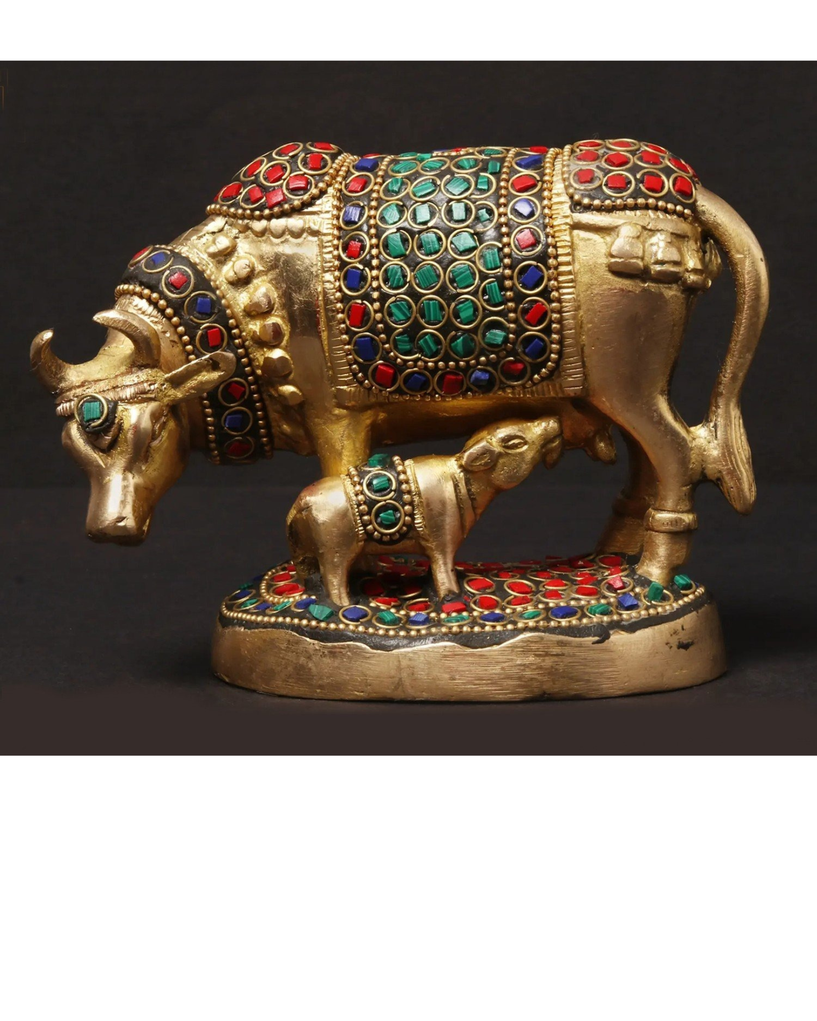 Standing Cow & Calf Statue | Brass Idol with Colorful Inlay Artwork - #PIC-1507