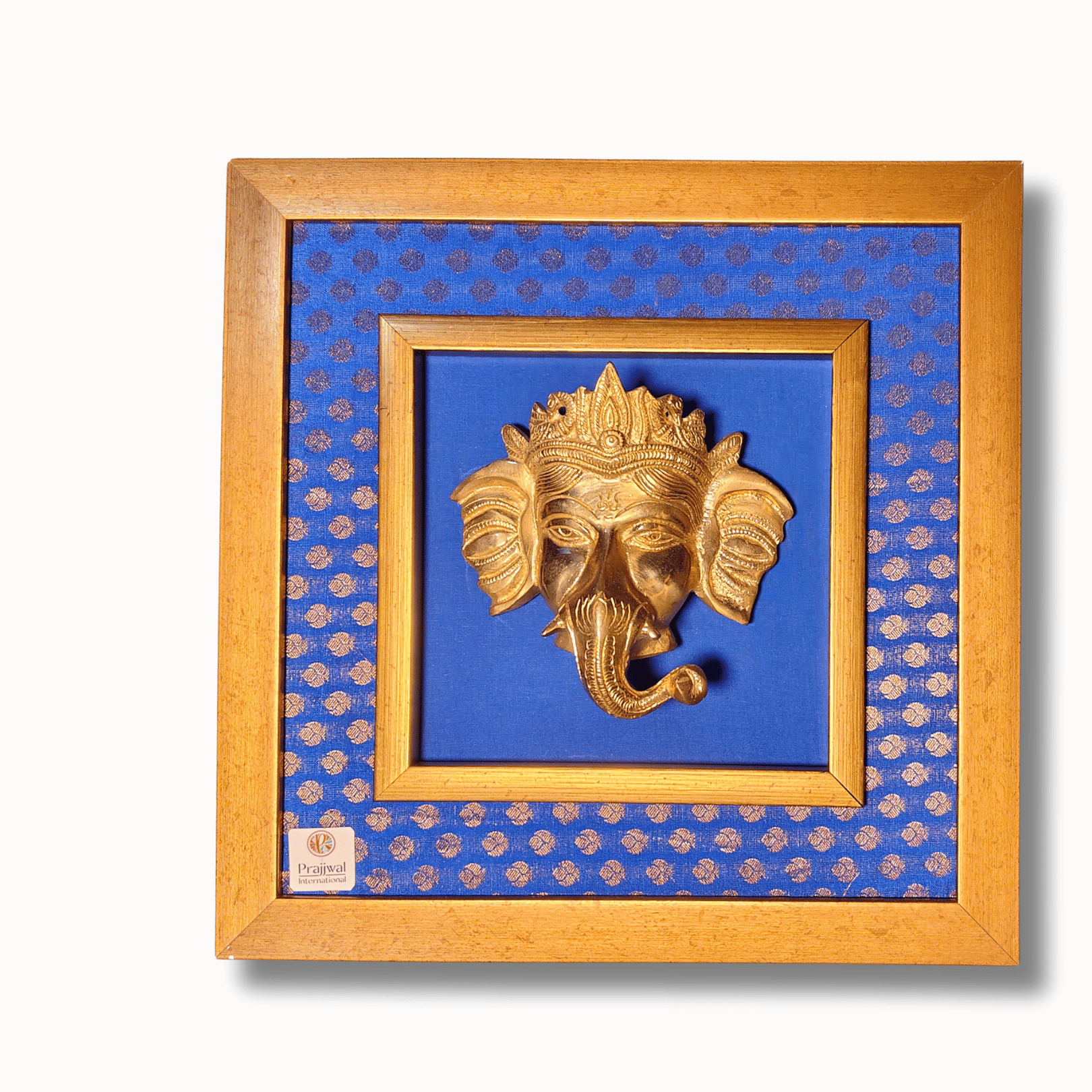 Lord Ganesha Brass Statue Wall Hanging Frame – 14x14 Inch | Handcrafted Brass Idol on Wooden Frame