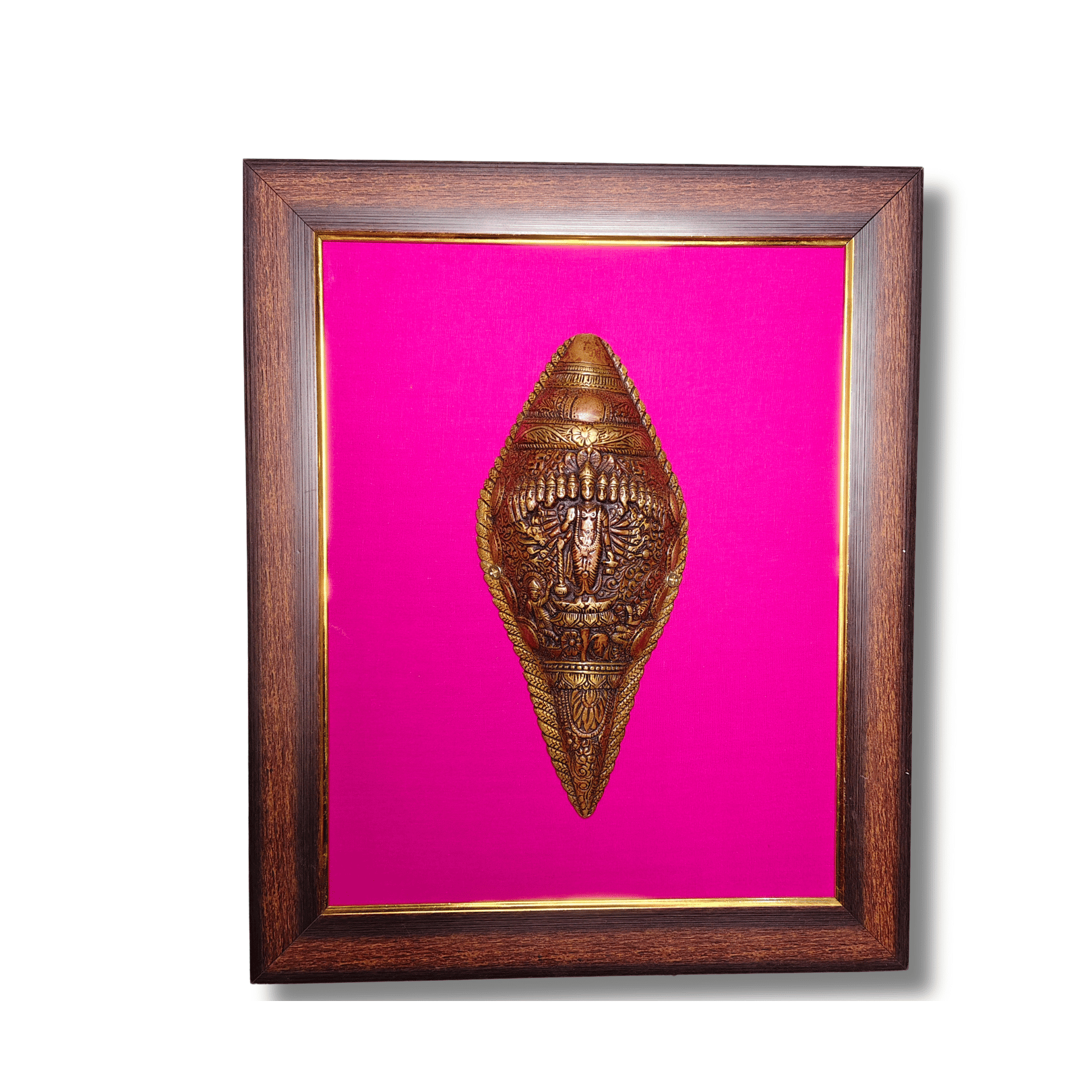 Brass Vishnu Shankh Wall Hanging Frame – 18x15 Inch | Handcrafted Brass Conch on Wooden Frame