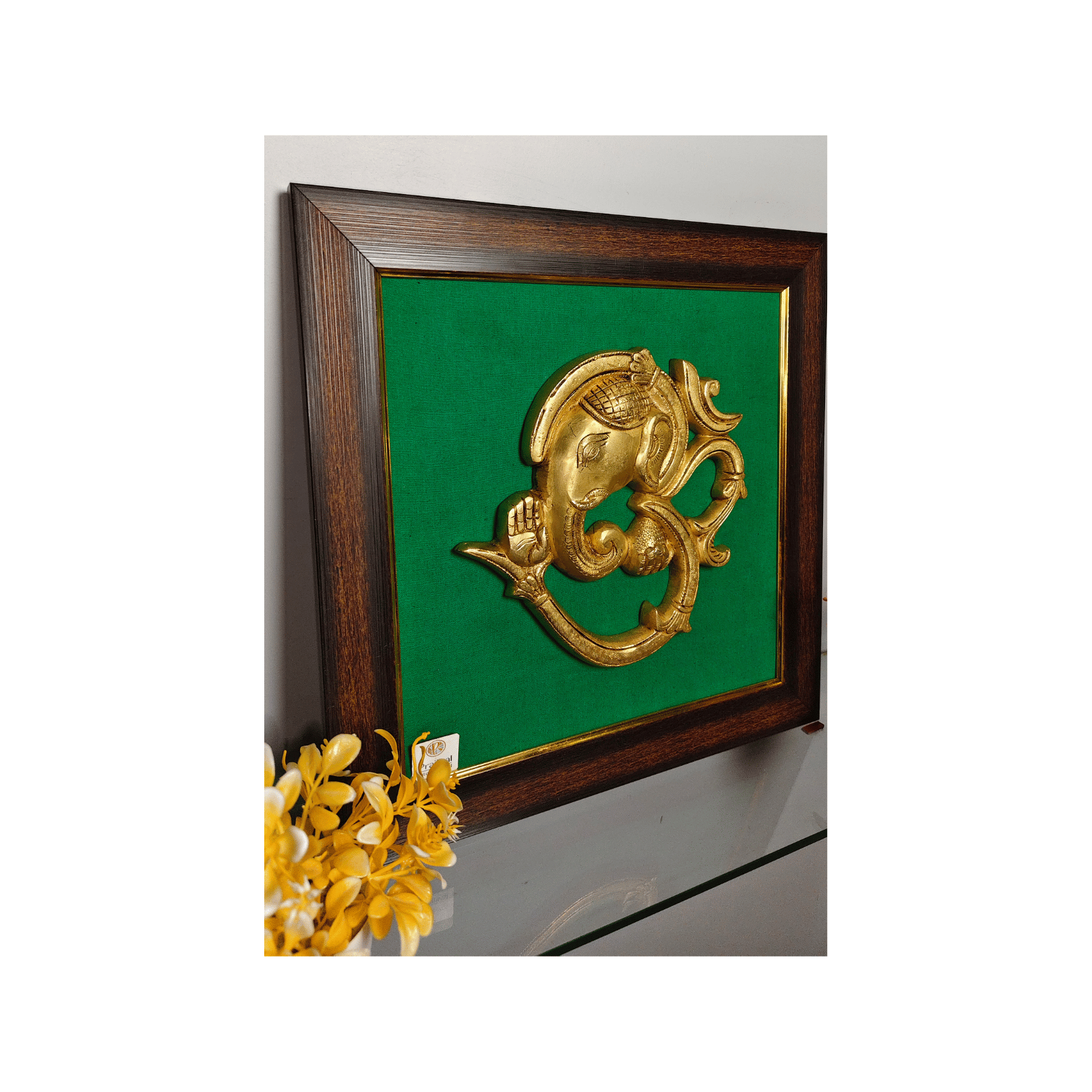 Brass Ganesha Om Symbol Panel in Wooden Frame – 15x15 Inch | Handcrafted Spiritual Wall Hanging