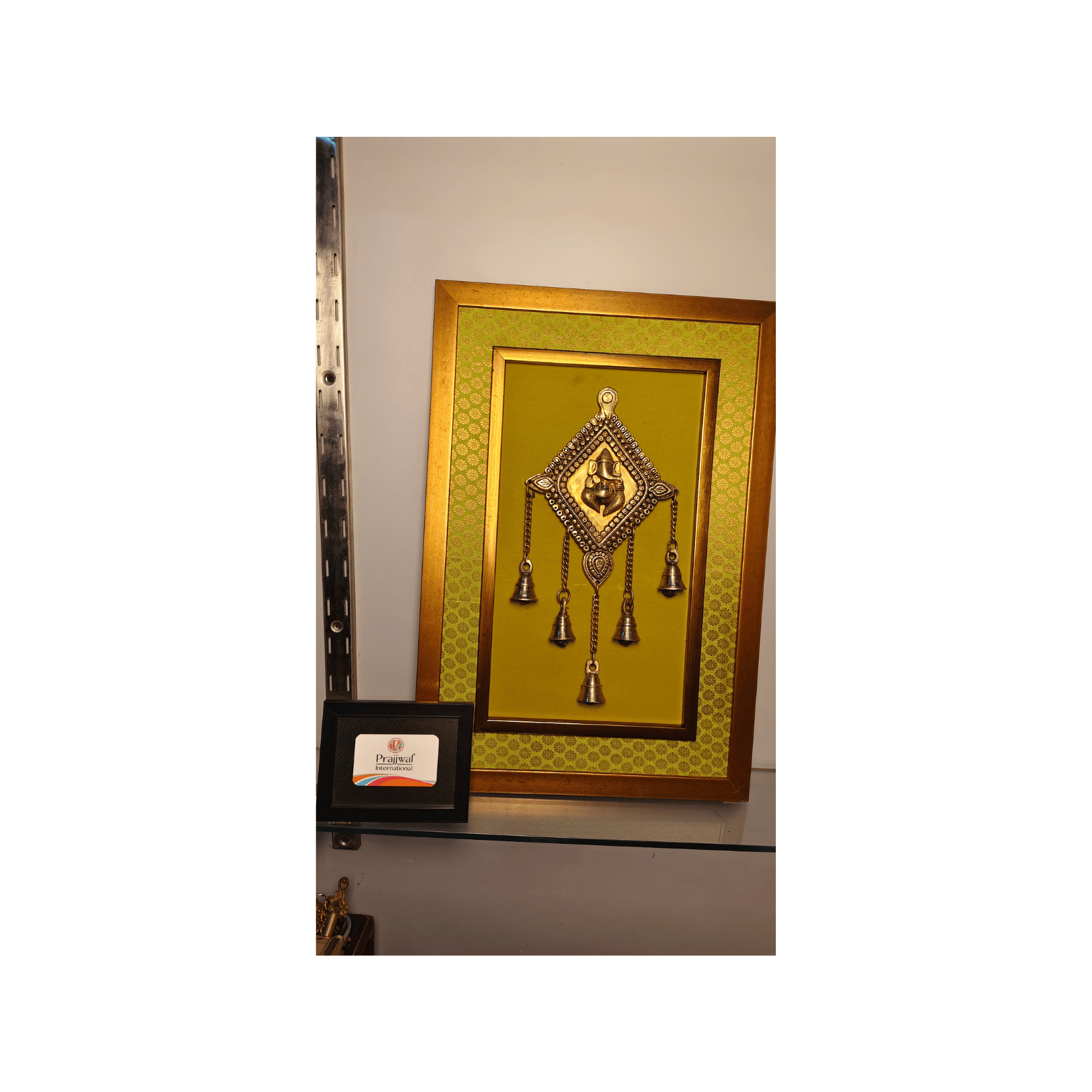 Brass Ganesha Wall Hanging Frame with Bell – 14x20 Inch | Handcrafted Brass Idol on Wooden Frame