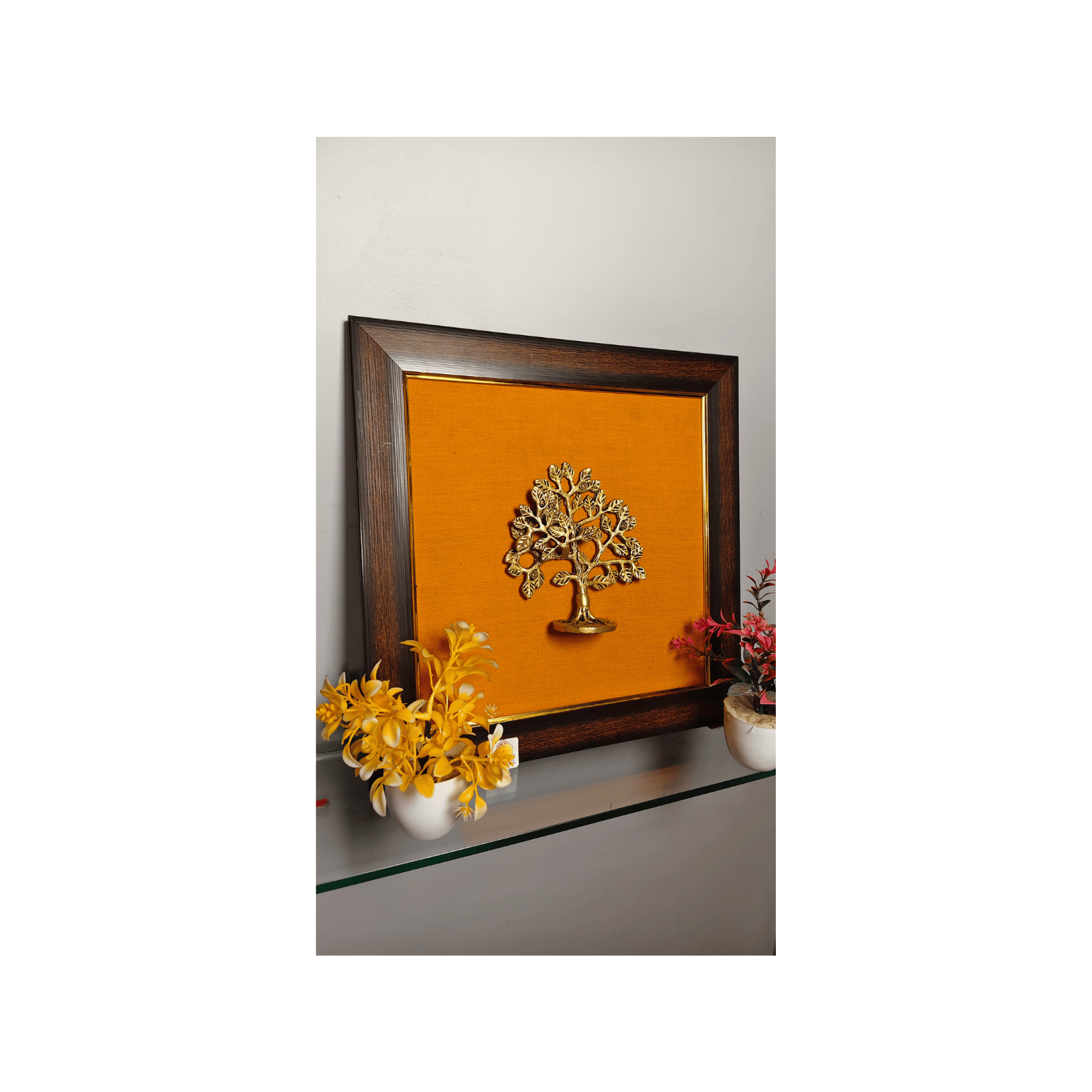 Brass Karpaga Virutcham Tree Wall Hanging Frame – 14x14 Inch | Handcrafted Brass on Wooden Frame