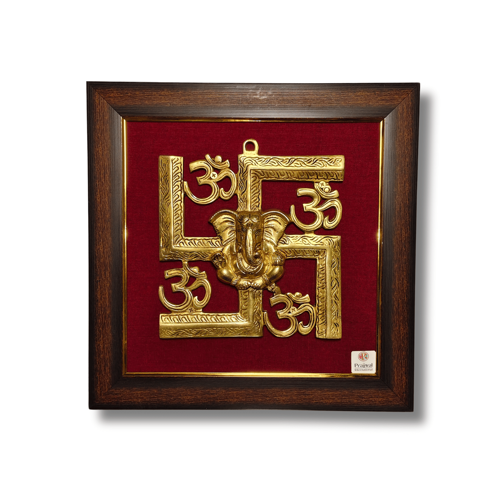 Brass Swastik Ganesha Wall Hanging Frame – 14.5x14.5 Inch | Handcrafted Brass Art on Wooden Frame