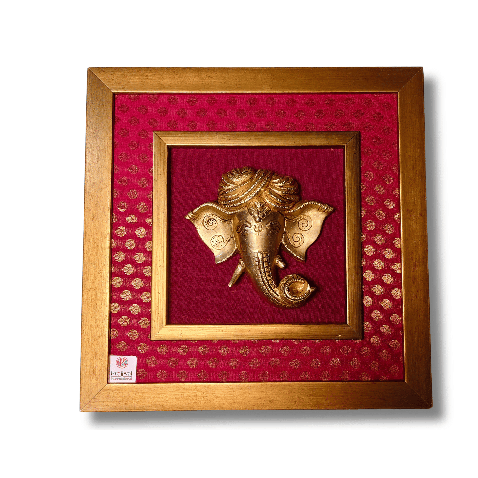 Brass Turbaned Lord Ganesha Mask Wall Hanging Frame – 14x14 Inch | Handcrafted Brass Idol on Wooden Frame