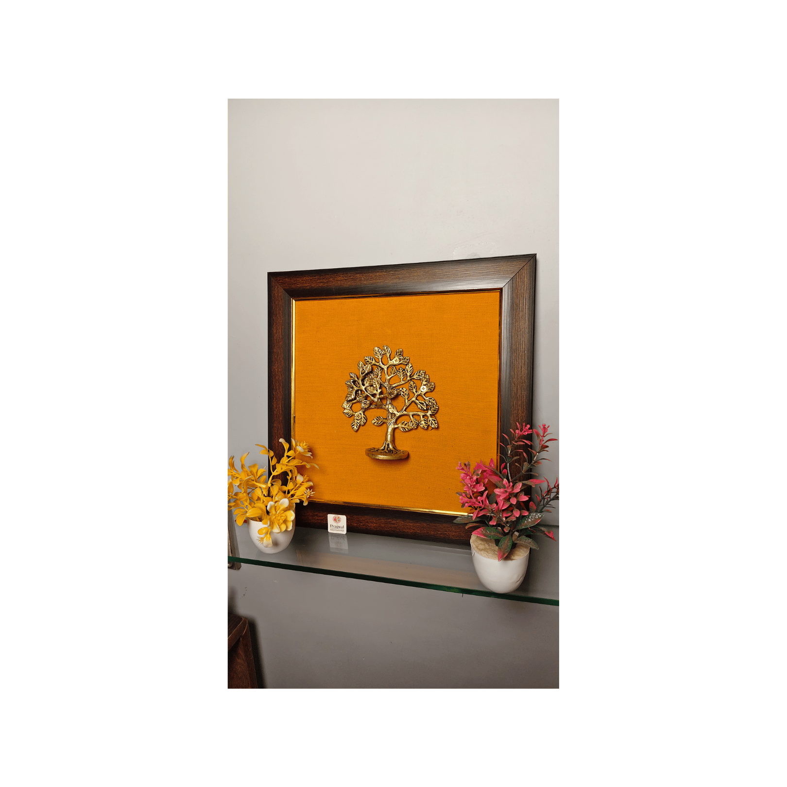 Brass Karpaga Virutcham Tree Wall Hanging Frame – 14x14 Inch | Handcrafted Brass on Wooden Frame