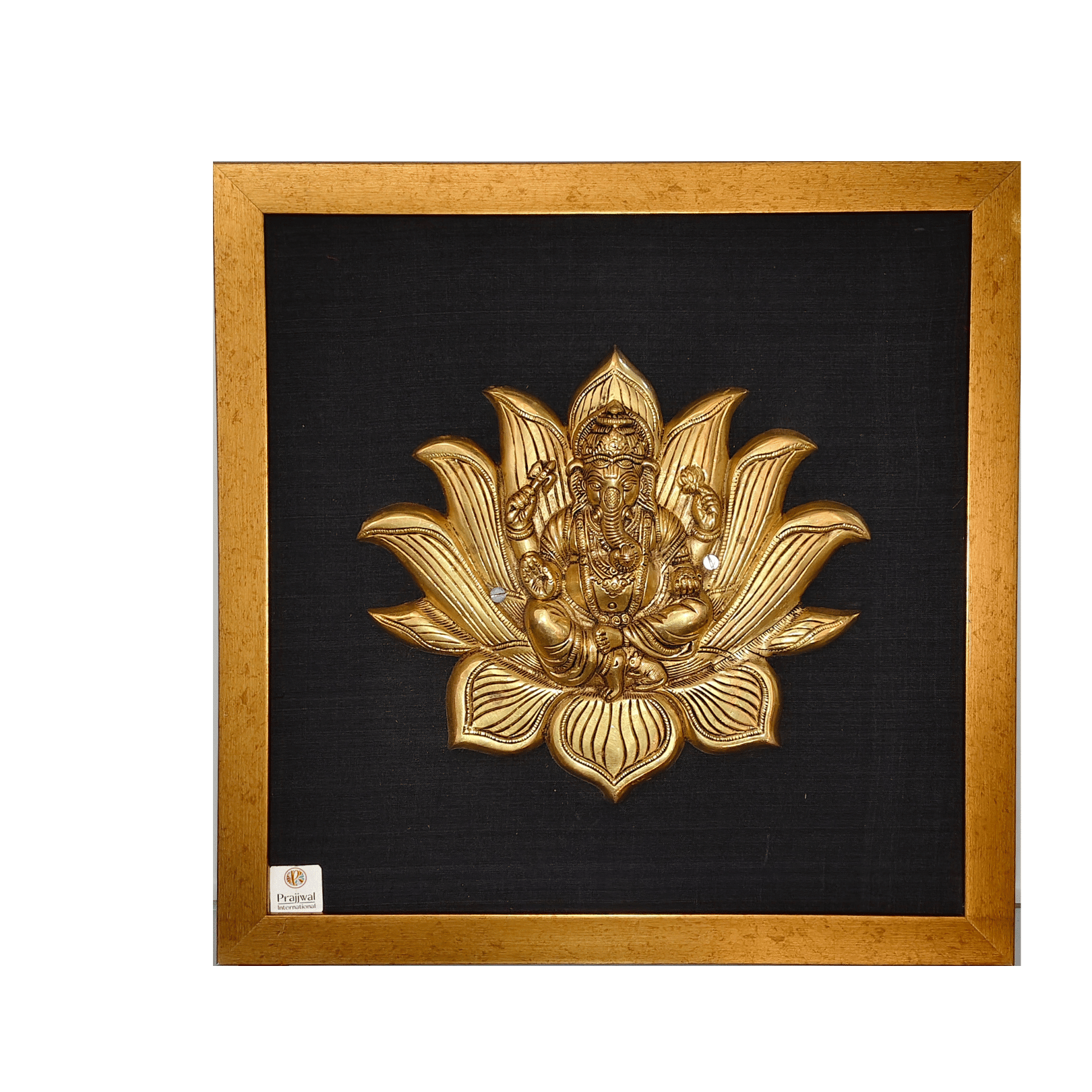 Brass Lotus Ganesha Wall Hanging Frame – 17x17 Inch | Handcrafted Brass Idol on Wooden Frame