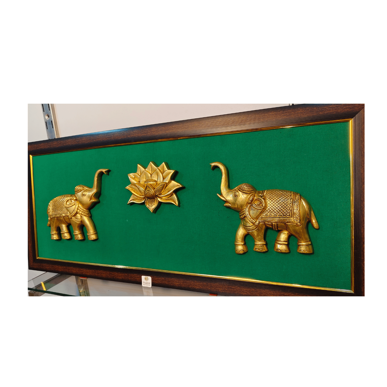 Brass Elephant with Lotus Wall Hanging Frame – 36x16 Inch | Handcrafted Brass Decorative Art on Wooden Frame