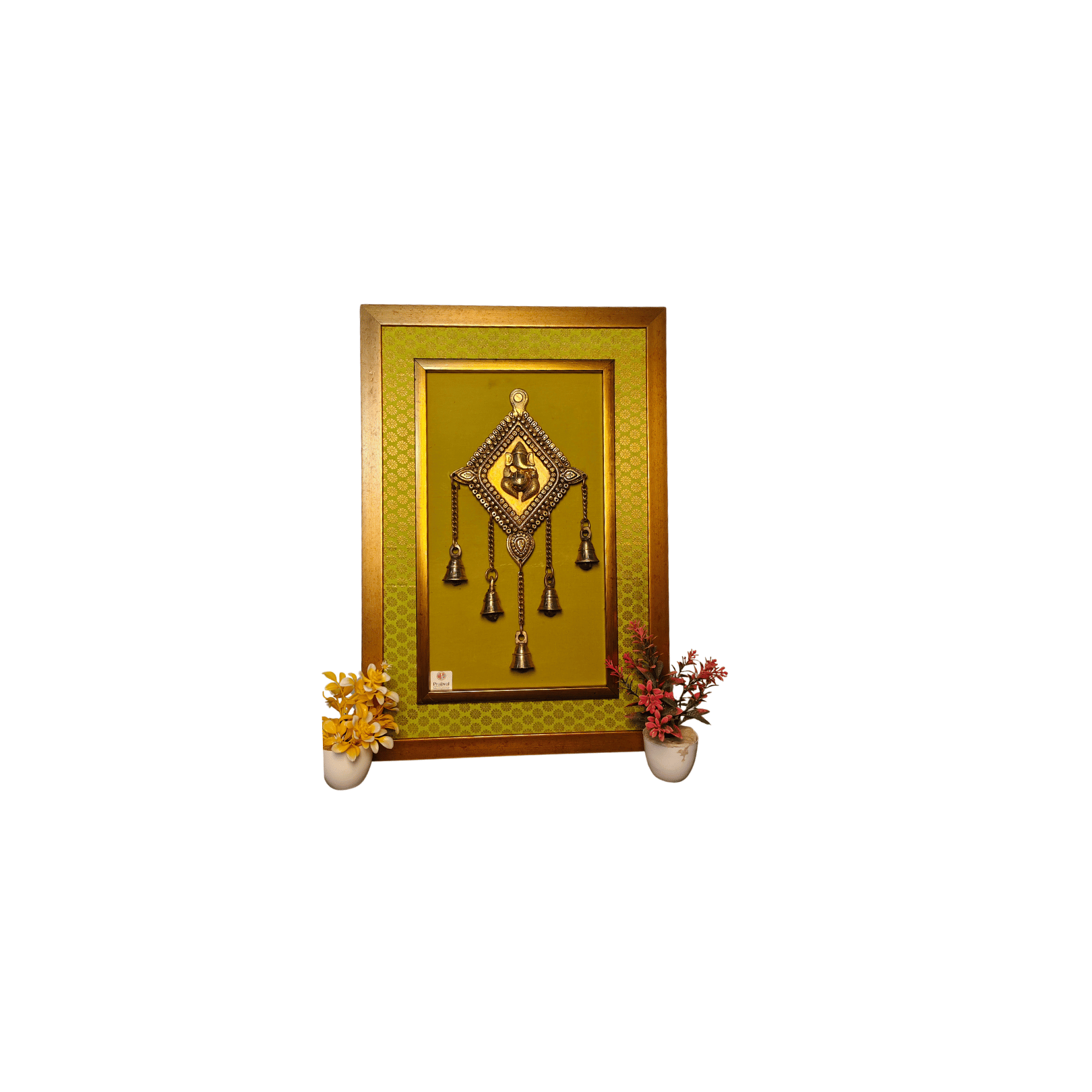 Brass Ganesha Wall Hanging Frame with Bell – 14x20 Inch | Handcrafted Brass Idol on Wooden Frame