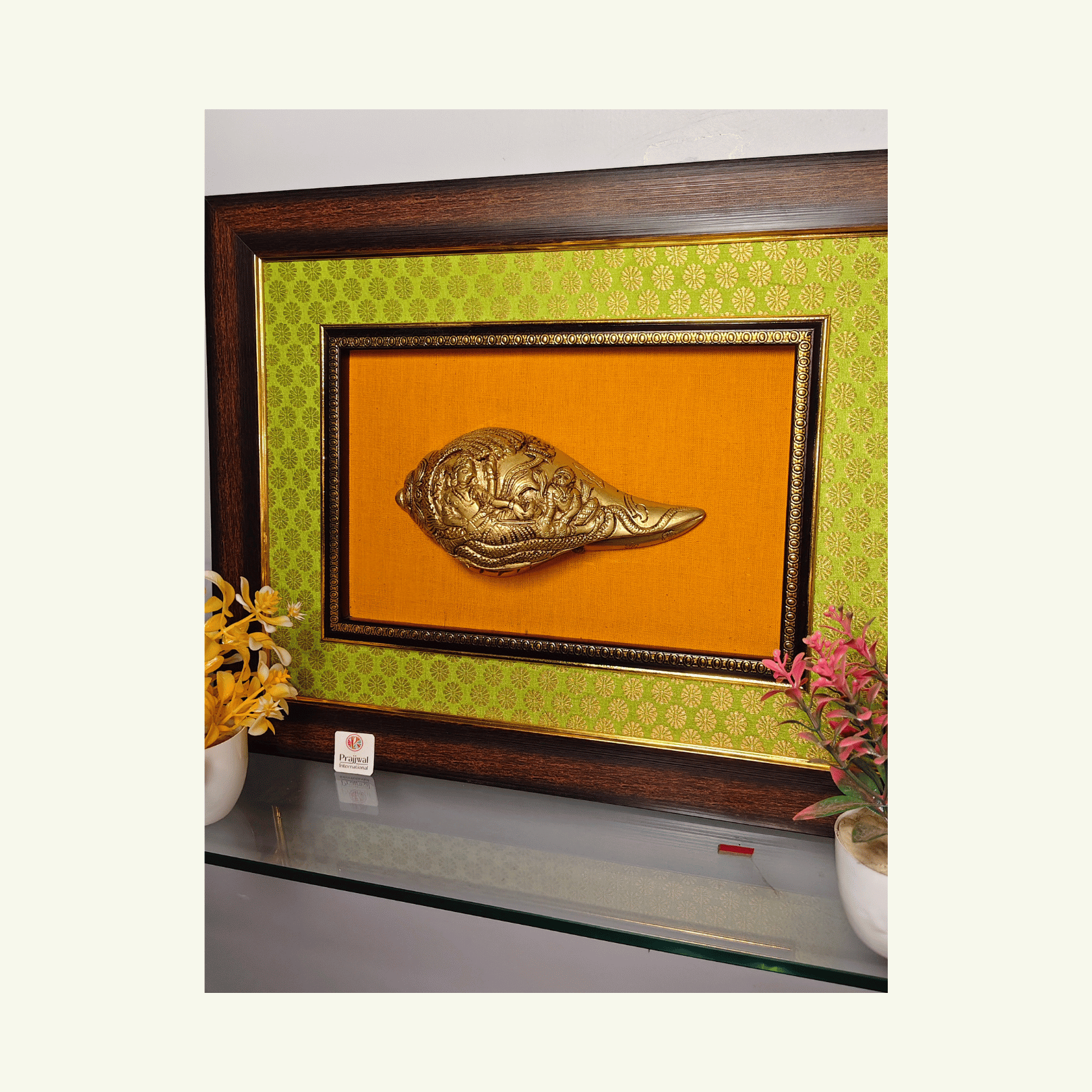 Brass Vishnu & Lakshmi Shankh Wall Hanging Frame – 14x18 Inch | Handcrafted Brass on Wooden Frame