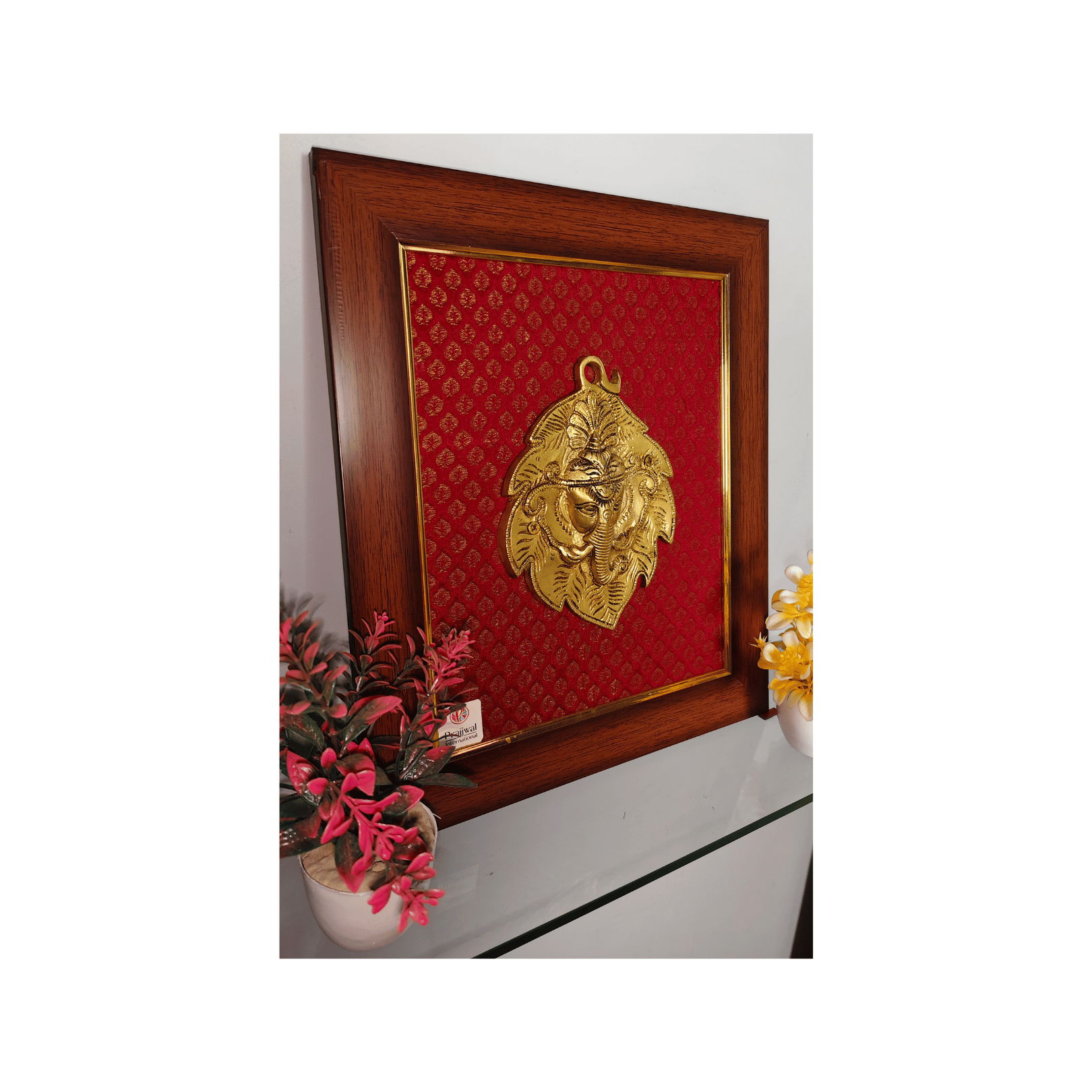 Brass Ganesha on Leaf Wall Hanging Frame – 12x15 Inch | Handcrafted Brass Idol on Wooden Frame