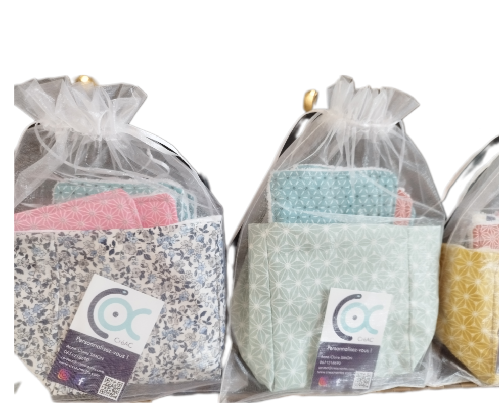 Lingettes lavables avec son rangement pochon ou pochette brodée 