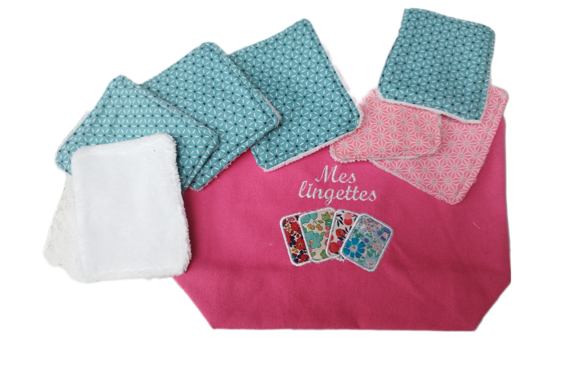 Lingettes lavables avec son rangement pochon ou pochette brodée 