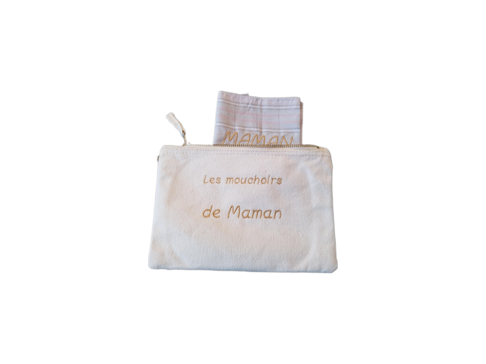 Pochette brodée avec 2 mouchoirs en tissu brodés "Papa chéri" ou "Maman chérie"