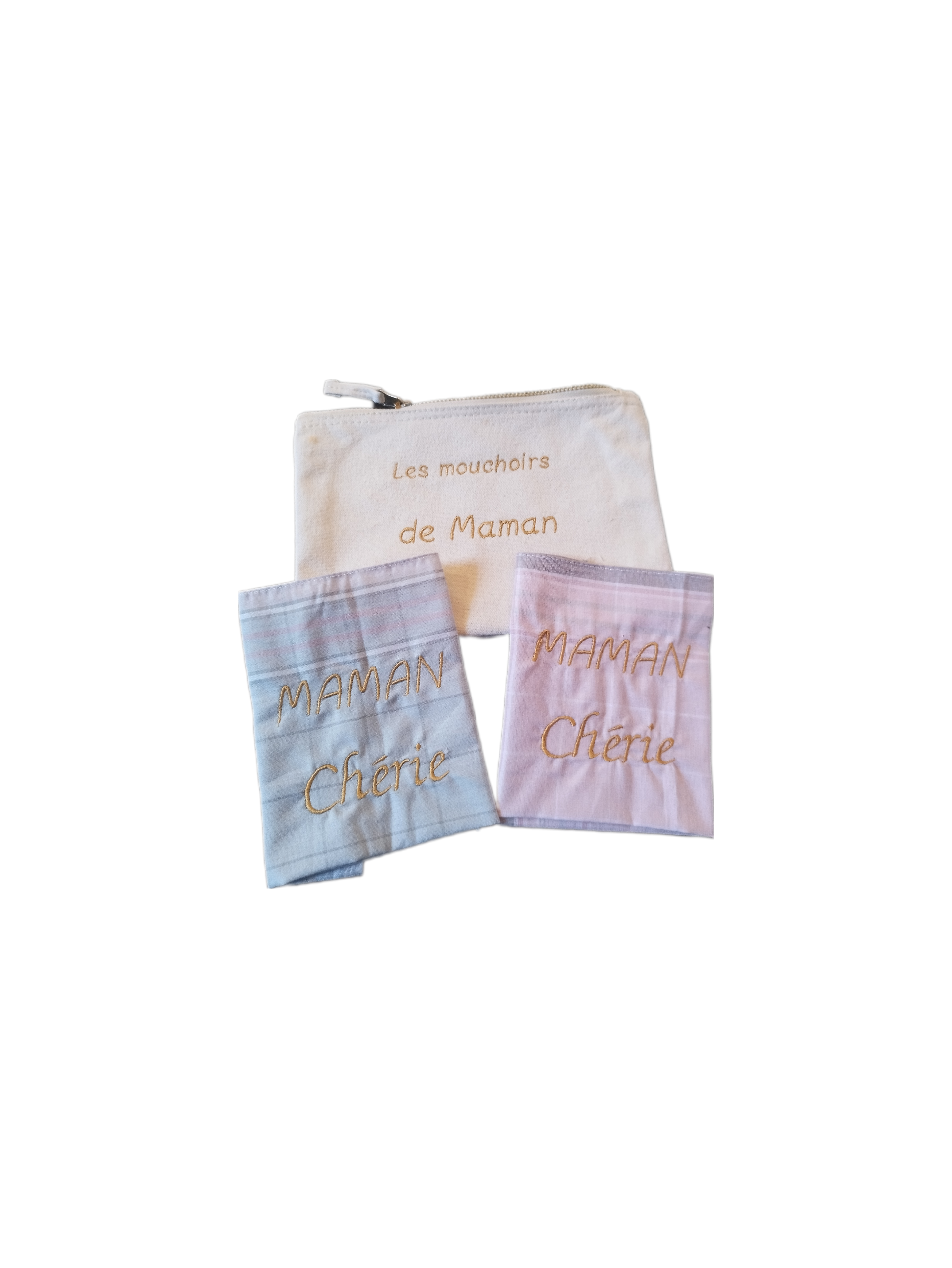 Pochette brodée avec 2 mouchoirs en tissu brodés "Papa chéri" ou "Maman chérie"