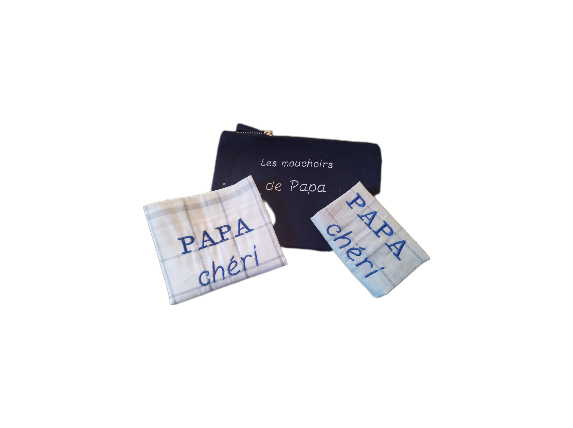 Pochette brodée avec 2 mouchoirs en tissu brodés "Papa chéri" ou "Maman chérie"