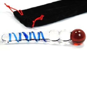 BLUE SWIRL RED BOTTOM JOYSTICK GLASS DILDO