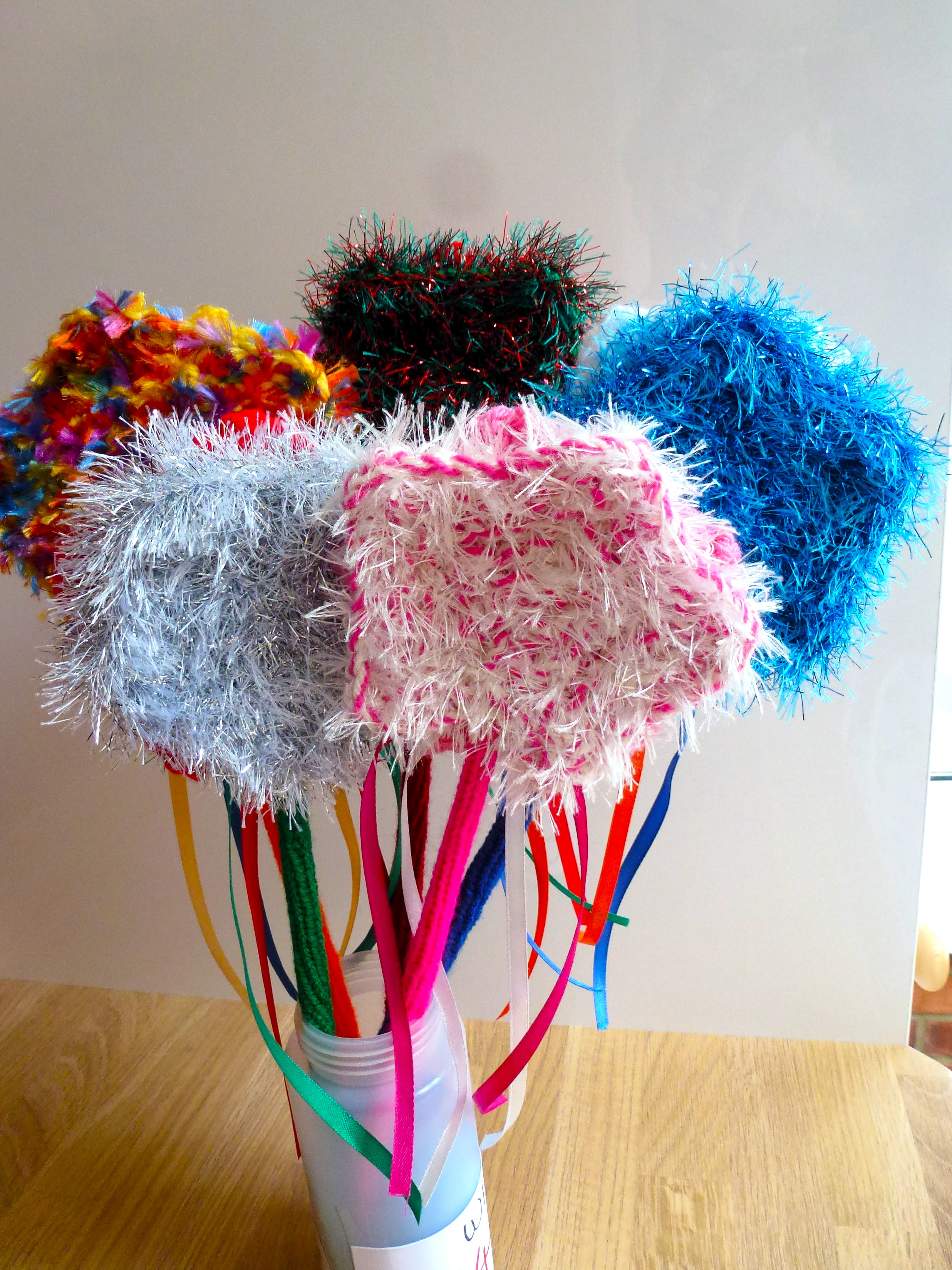 WANDS - 14" Glitter & Fluffy with Ribbons - Hand Knitted