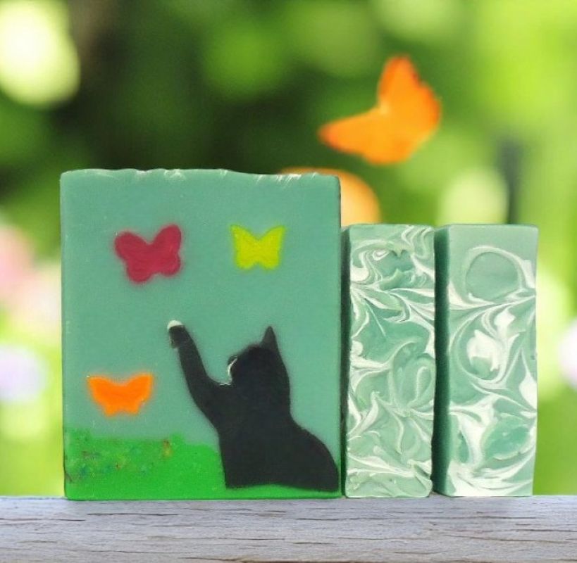 Chasing Butterflies - soap Kitty and butterflies extend through the bar 