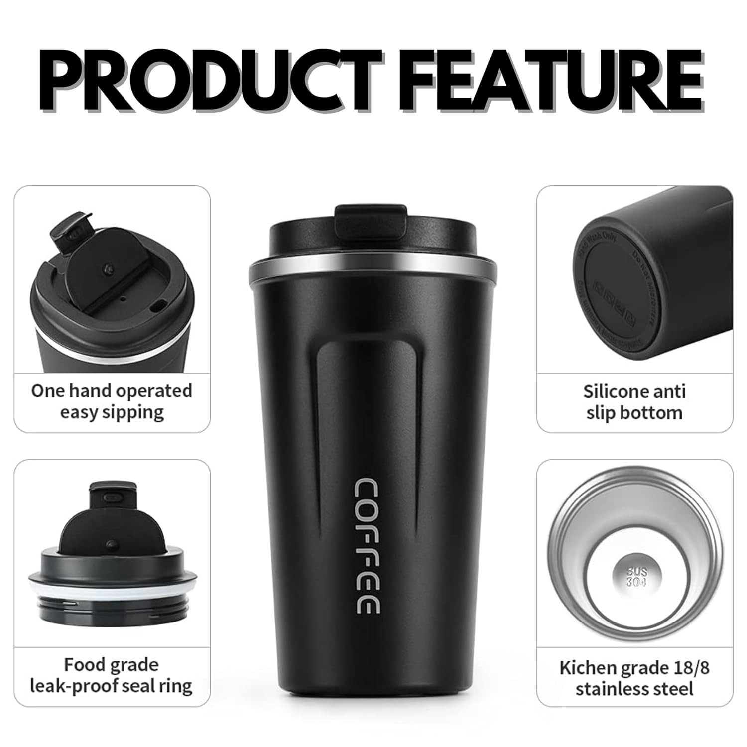Stainless Steel Coffee Mug | Premium Flip Top Locking Cap | 380ml