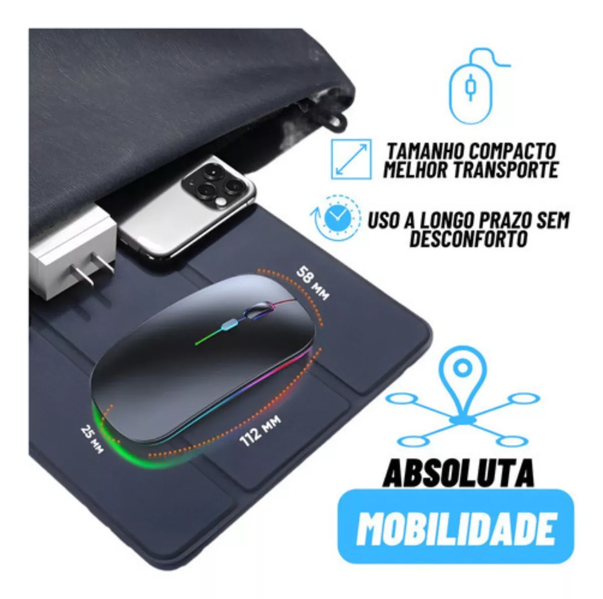 Mouse Sem Fio Recarregável Led Carregador Bateria Rgb - PRETO/BRANCO/PRATA