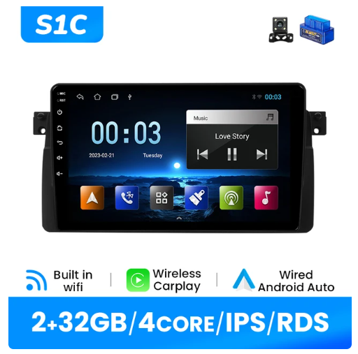 BMW E46 multimedija 4core + 2GB + 32ROM + Camera 9" *S1C