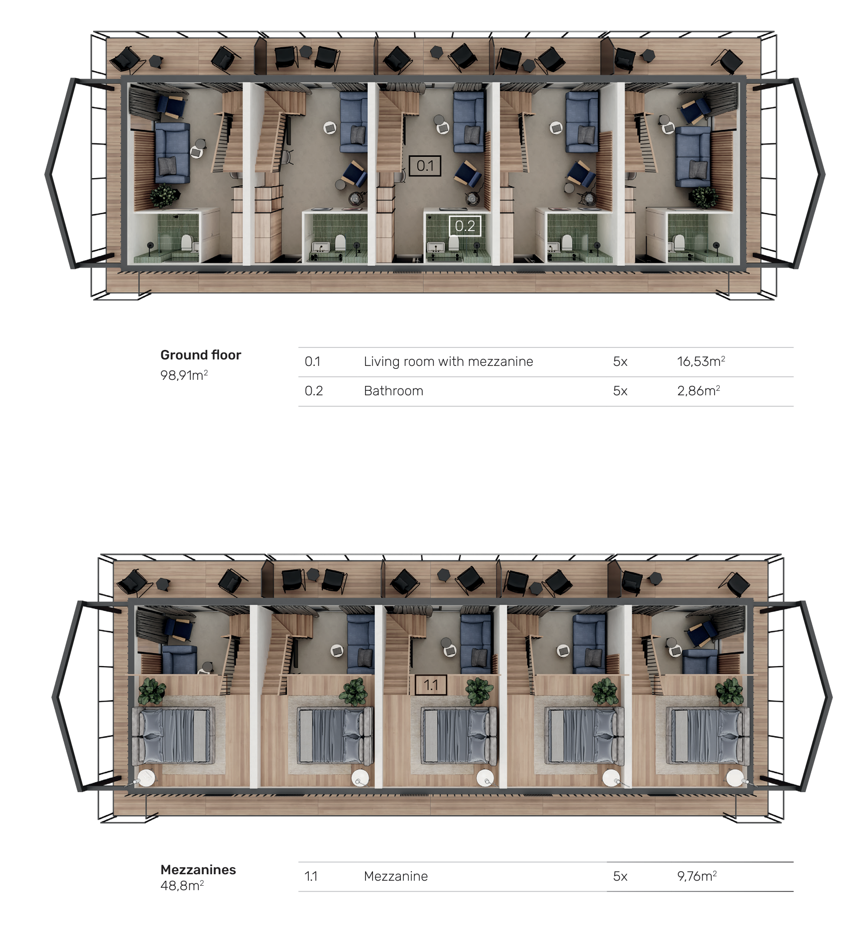 Modern Hotel / Floating Hotel with Terraces - Prefabricated / Modular  - 145,75m2