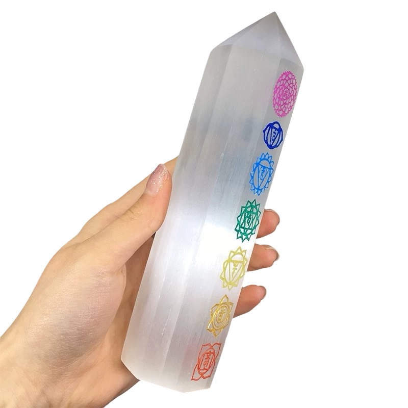 (Preorder) Selenite Tower Engraved with Seven Chakras