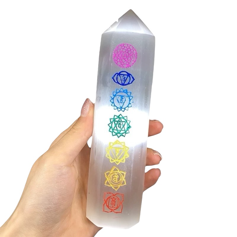 (Preorder) Selenite Tower Engraved with Seven Chakras