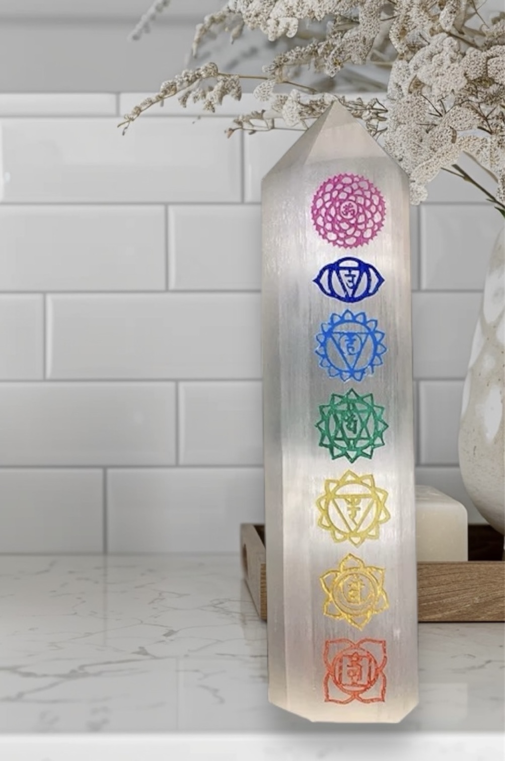 (Preorder) Selenite Tower Engraved with Seven Chakras