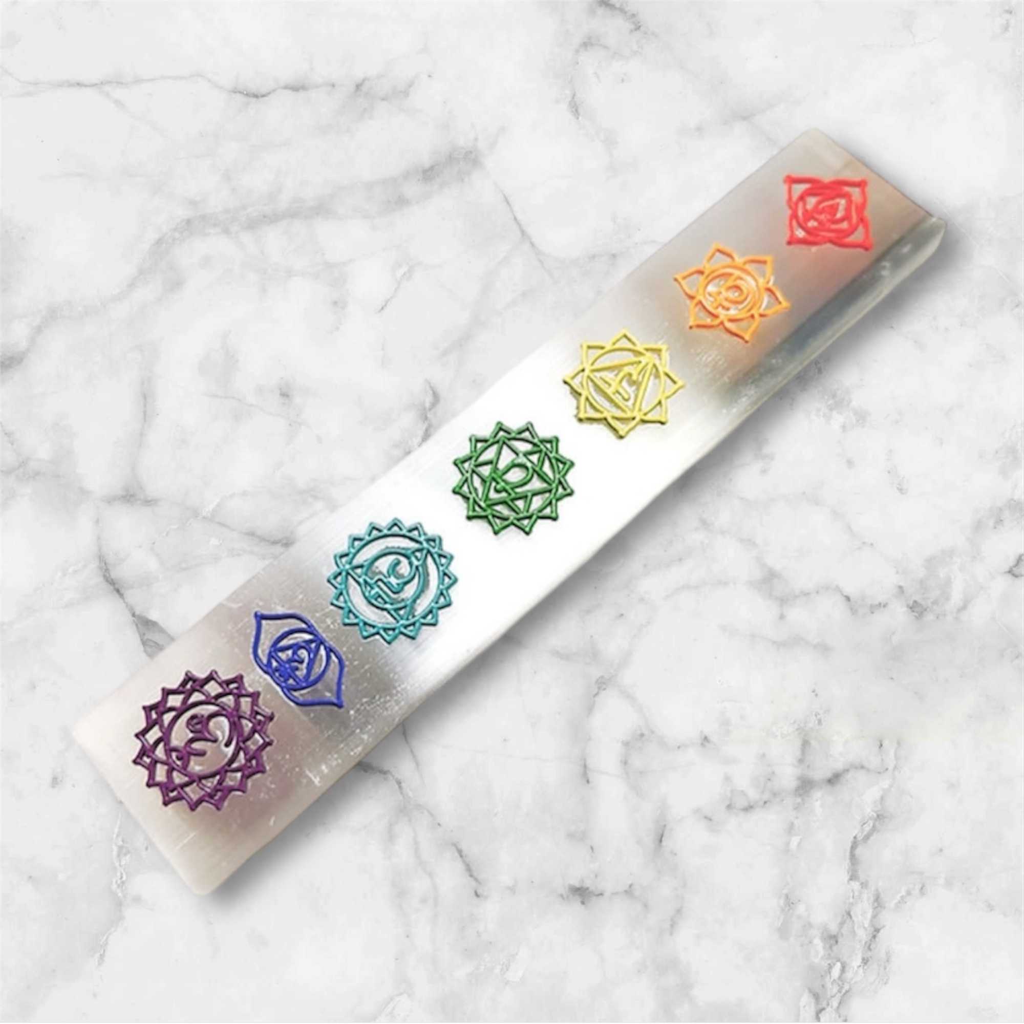 (Preorder) Selenite Charging Etched Bar Engraved with Seven Chakras